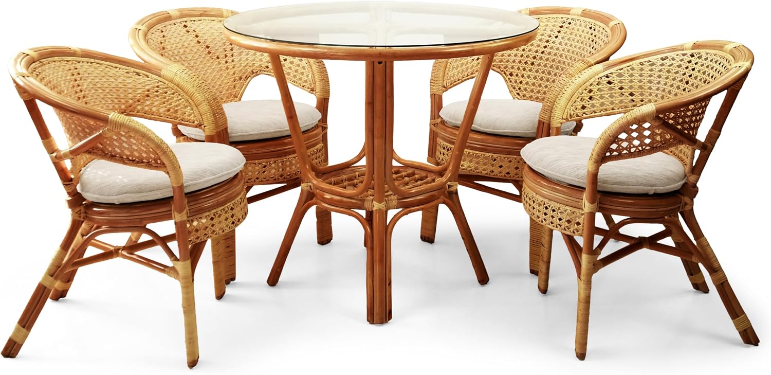 Pelangi Handmade Rattan Dining Wicker Chair Colonial Color w/Cream Cushion
