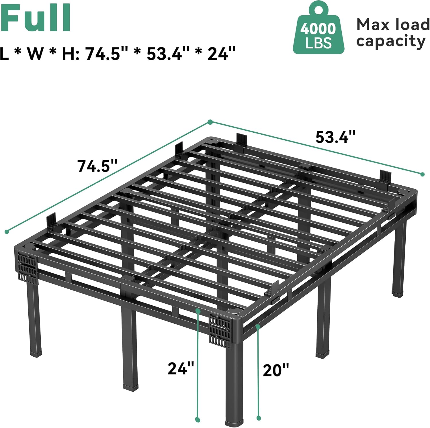 Superay 24 inch HIgh Queen Bed Frame with Rounded Legs, Double Layer Design | Metal Bed Frame & Box Spring 2 in 1 High Platform with Matress Gasket & headboard Adapter, Heavy Duty Support 4000lbs, Black