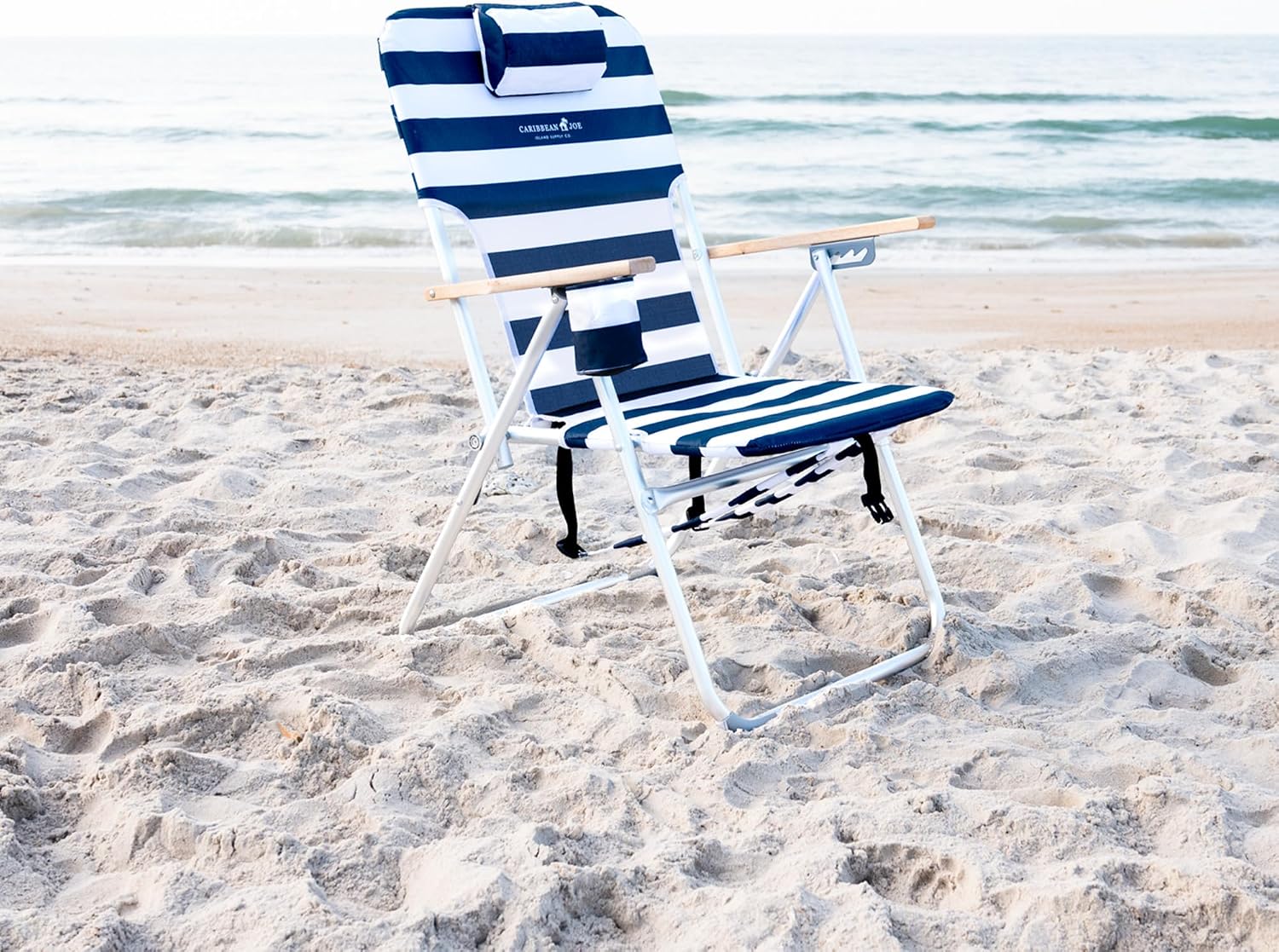 CARIBBEAN JOE Folding Beach Chair, 4 Position Portable Backpack Foldable Camping Chair with Headrest, Cup Holder, and Wooden Armrests