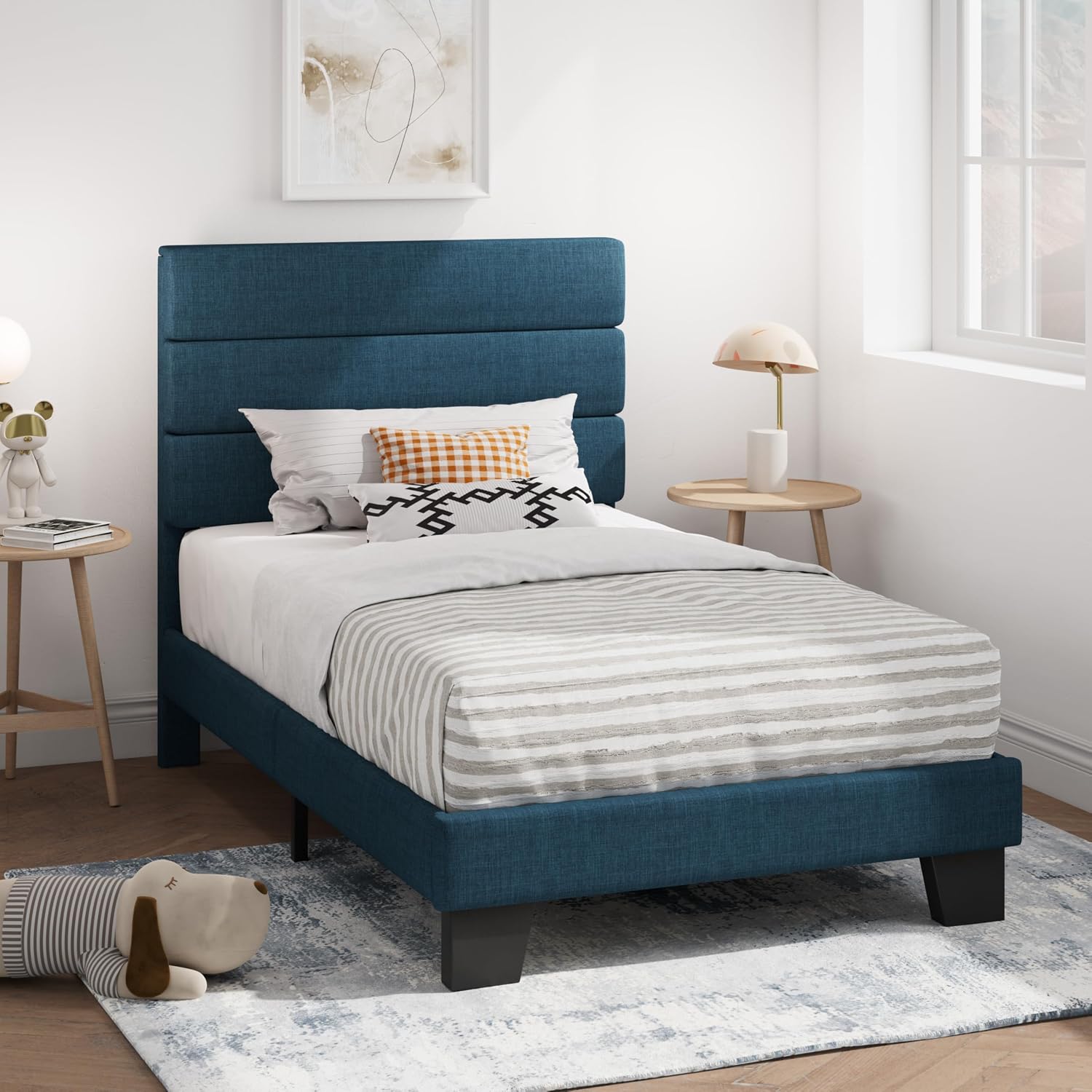 SHA CERLIN Full Platform Bed Frame with Upholstered Fabric Headboard, Grey
