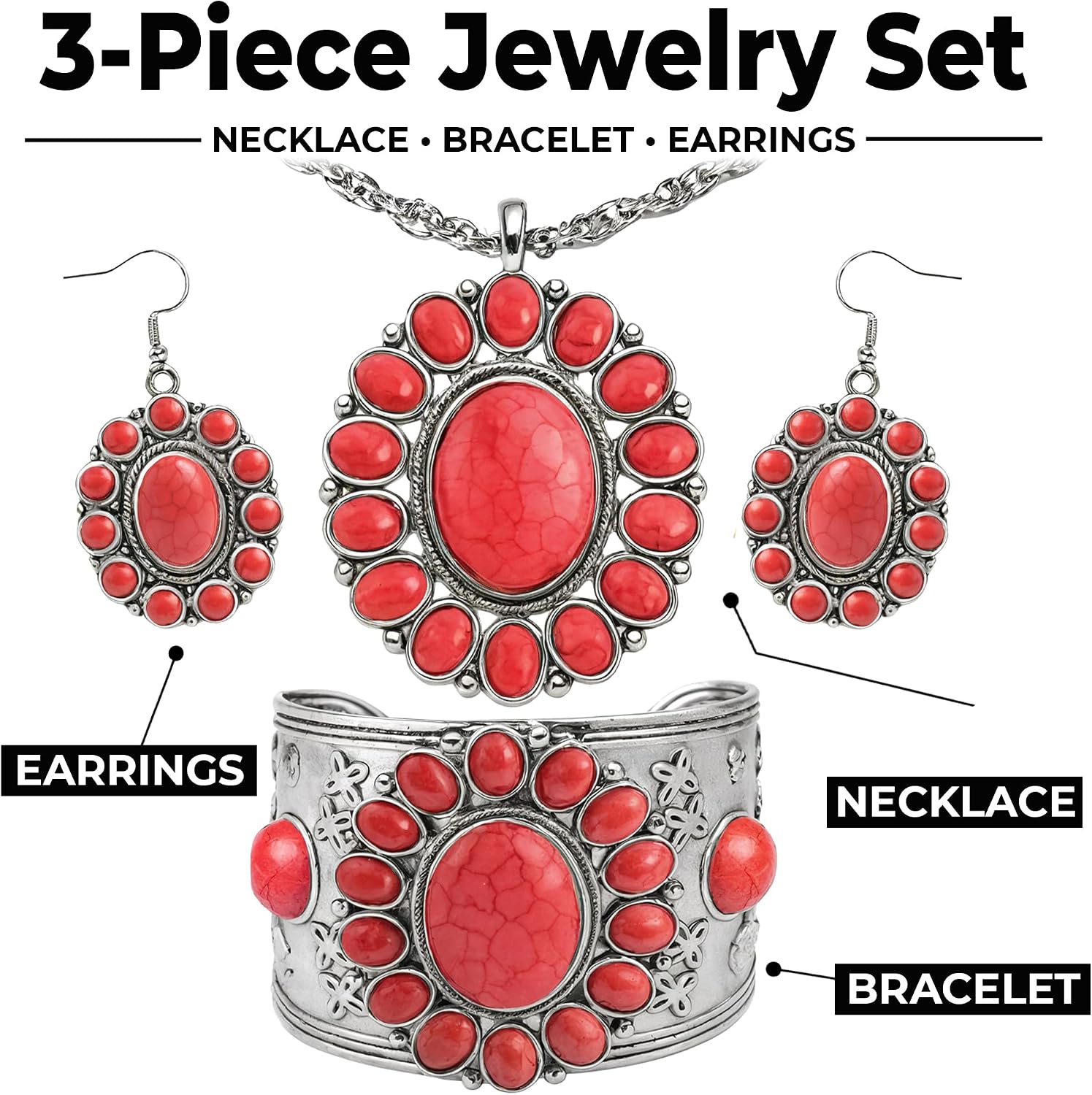 Shop LC Howlite Western Jewelry Set for Women Boho Cowgirl | 3-Piece Necklace Bracelet Earrings, Turquoise-Inspired, Chunky Statement, Southwestern