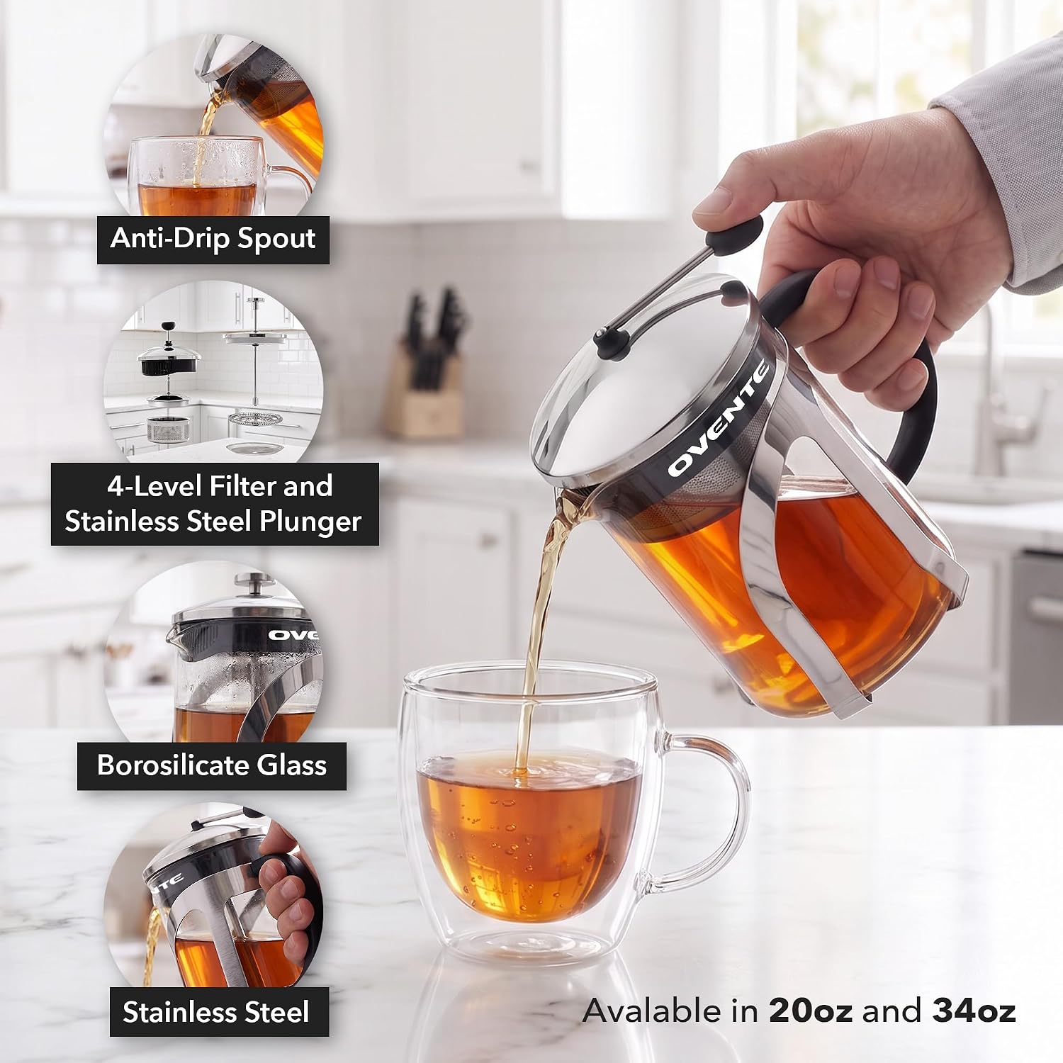OVENTE French Press Coffee Maker, 34oz BPA-Free Cold Brewer, Clear FGC34T | Heat Resistant Borosilicate Glass, 4-Level Filter System, Stainless Steel Plunger, Cafetera Tea Pot for Kitchen Travel Gifts