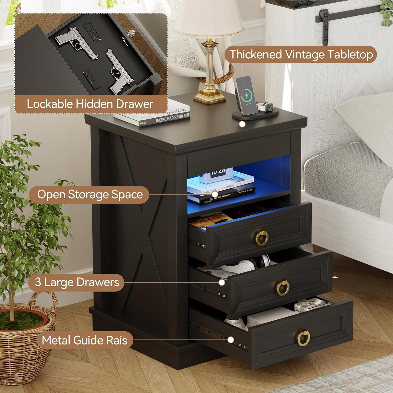 Lvifur LED Nightstand with Lockable Gun Drawer and Human Sensor, Black | USB & Type-C Charging Station, 3 Dimmable Lights, Adjustable Brightness, 3 Drawers, Farmhouse Style, Human Body Induction