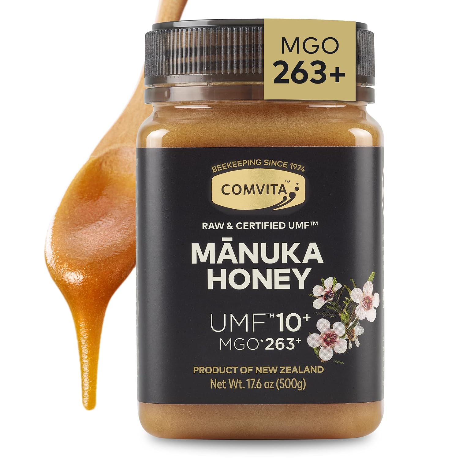 Comvita Manuka Honey UMF 10+ (MGO 263+), Monofloral - 500g (17.6 Oz) | Raw Manuka Honey New Zealand, Pure & Unpasteurized, Superfood for Immune Health, Wild, Use in Tea, Non-GMO