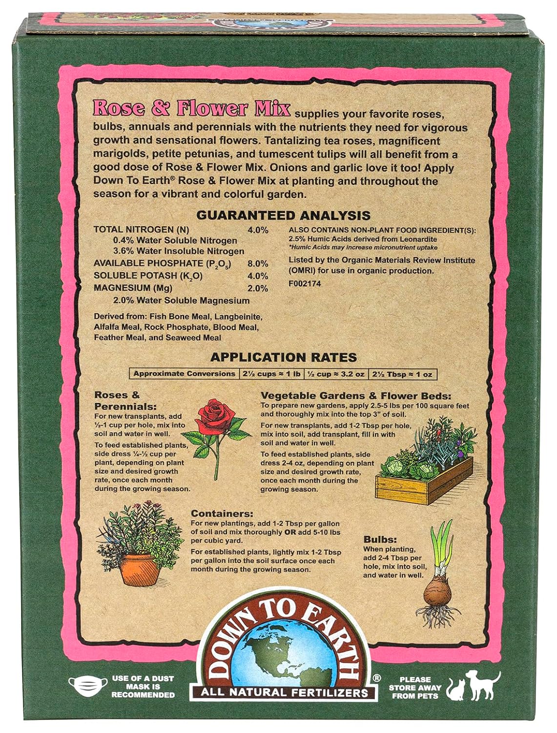 Down To Earth All Natural Fertilizers Organic Rose & Flower Mix - 1 lb | Plant Food for Roses, Bulbs, Flowers, Ornamentals, Perennials, 4-8-4 Formula for Flower Beds, Container Gardens