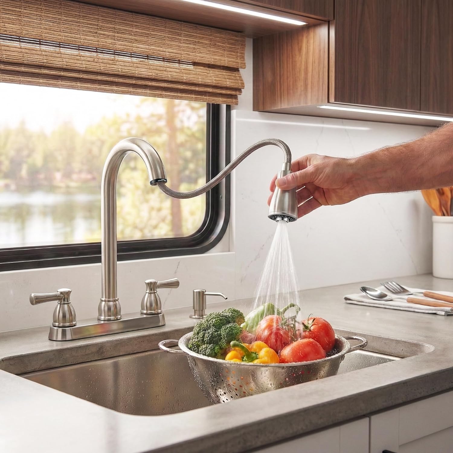 Dura Faucet DF-PK350L-SN RV Pull-Down Kitchen Sink Faucet (Satin Nickel) | Stream-to-spray sprayer with a corrosion-resistant non-metallic build. Brushed Satin Nickel. Plated ABS plastic (not metal).