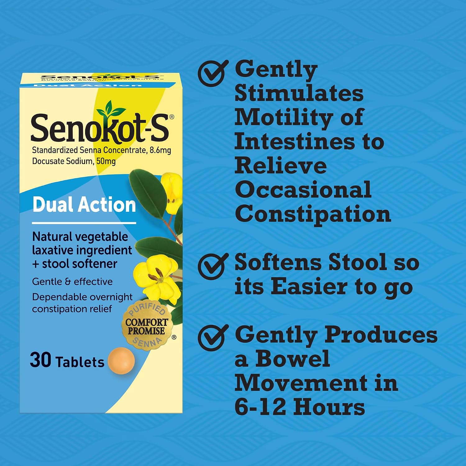 Senokot-S Dual Action 60 Tablets, Natural Vegetable Laxative Ingredient Plus Stool Softener Tablets, Gentle Dependable Overnight Relief of Occasional constipation White