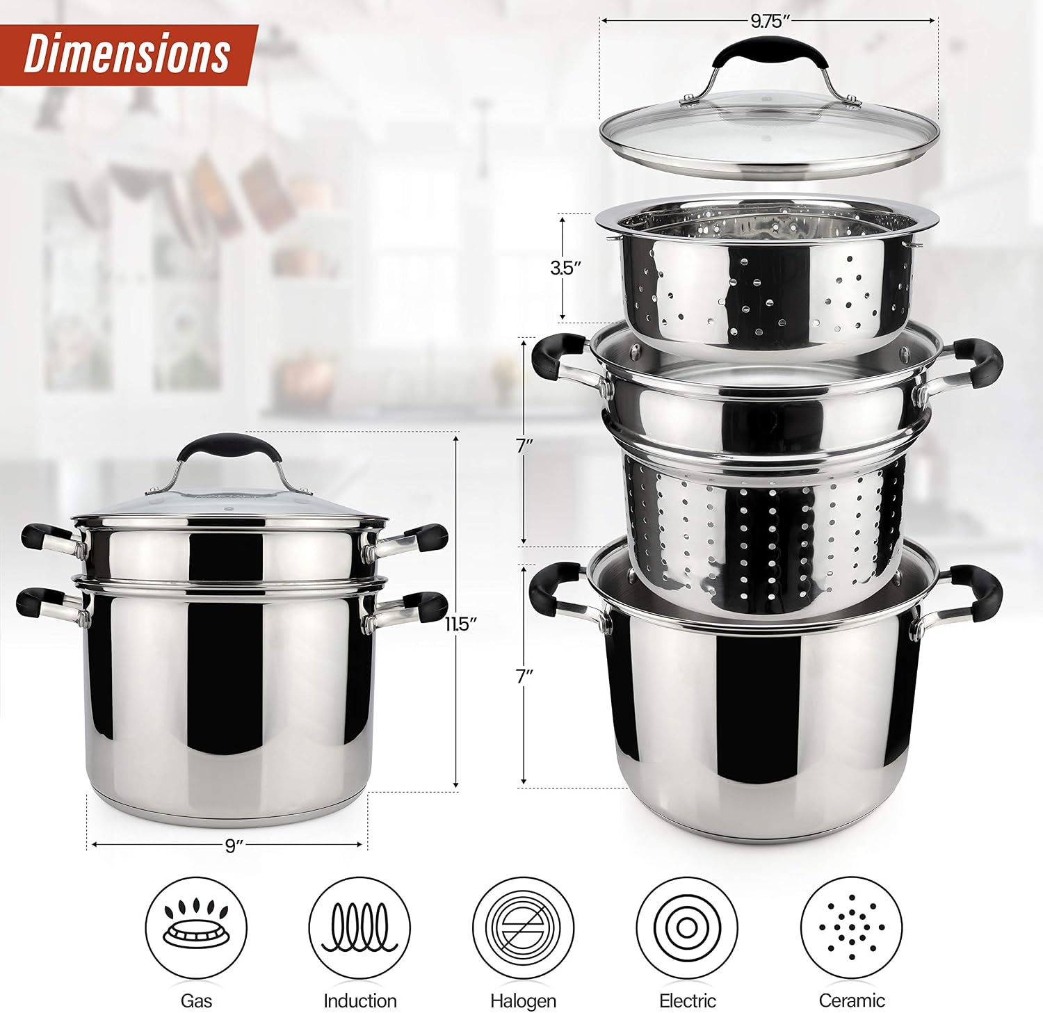 AVACRAFT 7 Quart 18/10 Stainless Steel 4 Piece Pasta Pot Set