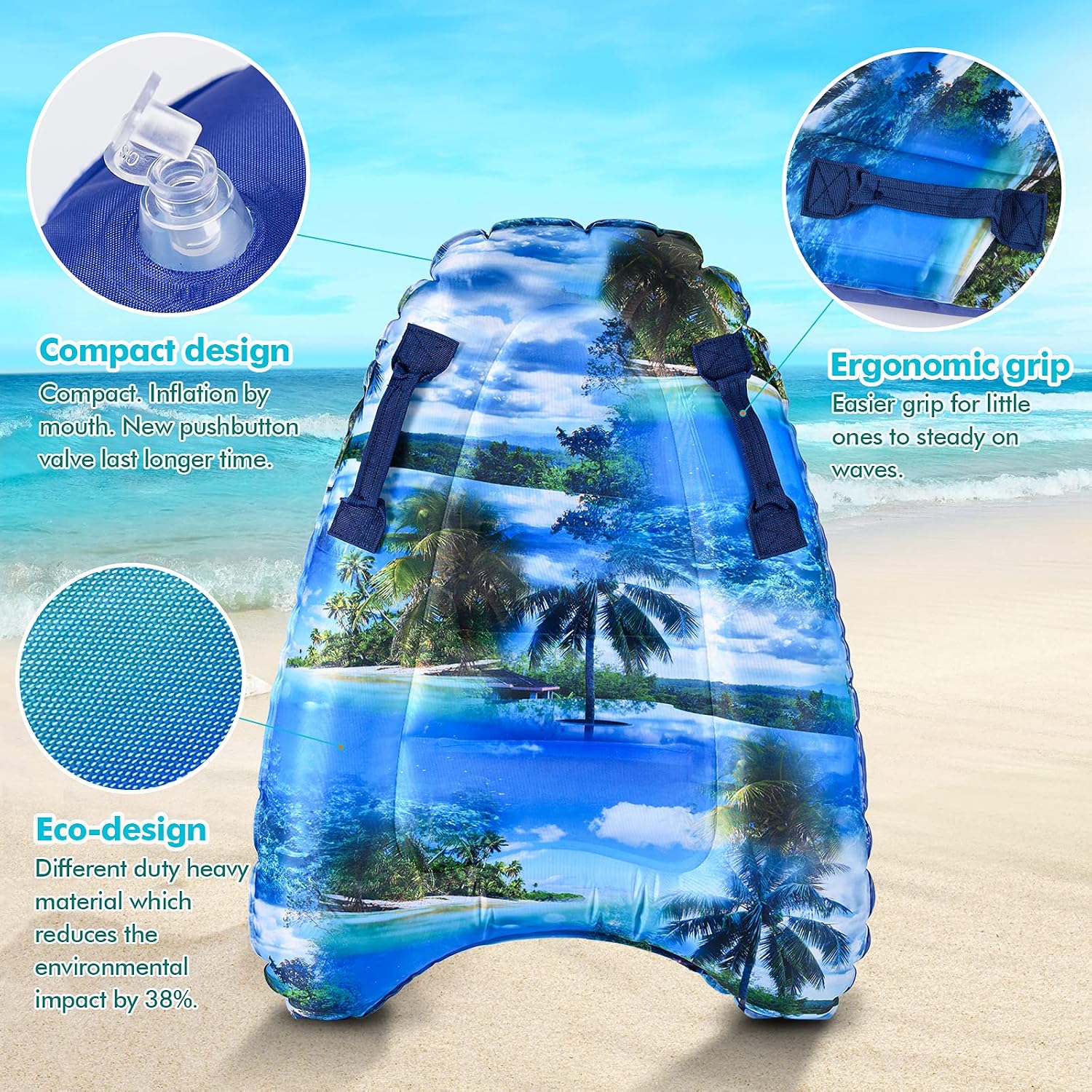 Inflatable Boogy Boards for Beach Travel Toys, 30” Cavas Slip Slide Water Park Body Surfing Board with Handles