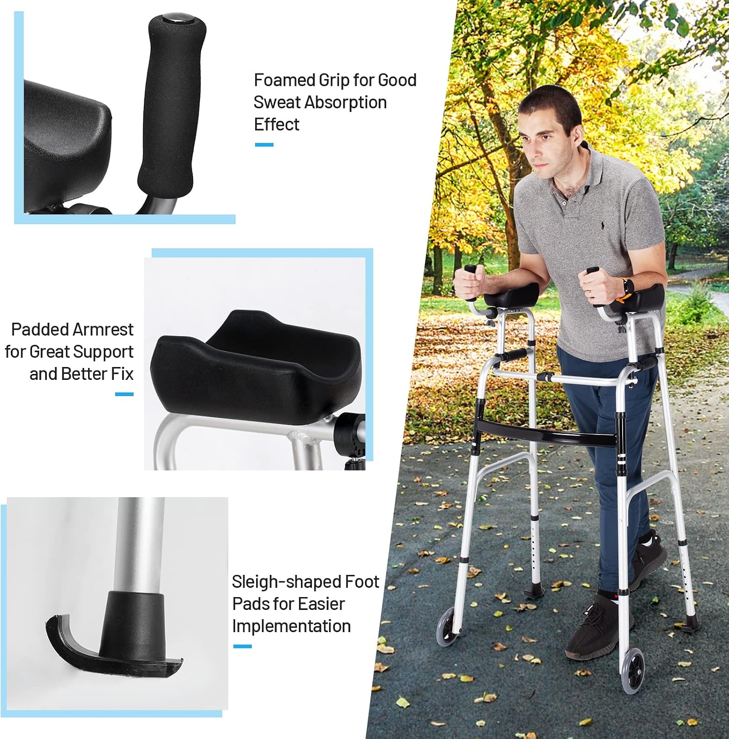 Goplus Walkers for Seniors, Foldable Standard Walker with 5’’ Wheels and Removable Padded Armrests 220lbs, Lightweight Walking Mobility Aid