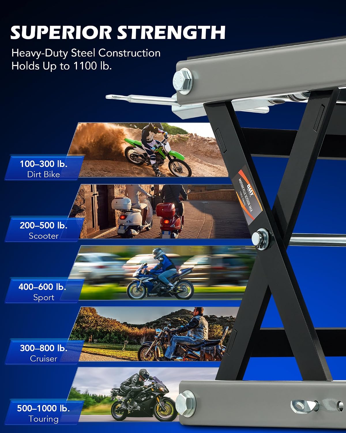 OMT 1100lb Motorcycle Scissor Lift Jack Wide Deck Motorbike Hoist Stand | Center Stand For ATV Dirt Bike Cruiser; T Handle And 3/8 Inch Socket; 3.7 To 14.6 Inch Lift; 5 Locking Holes; Chain Brush