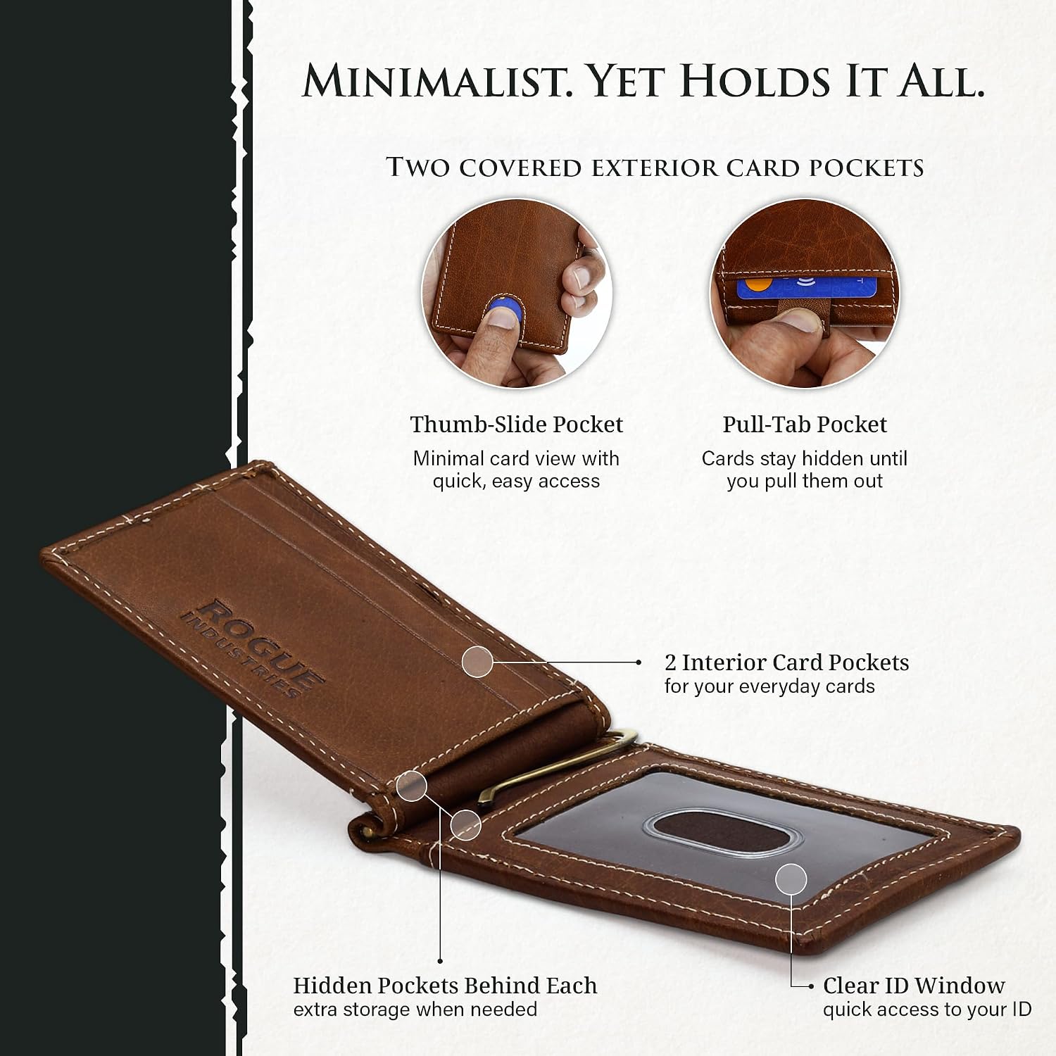 Genuine Bison Leather Wallet for Men, RFID Slim, Brown | Genuine bison leather wallet for men with RFID blocking and curved front pocket fit. Rugged slim everyday carry, brown.