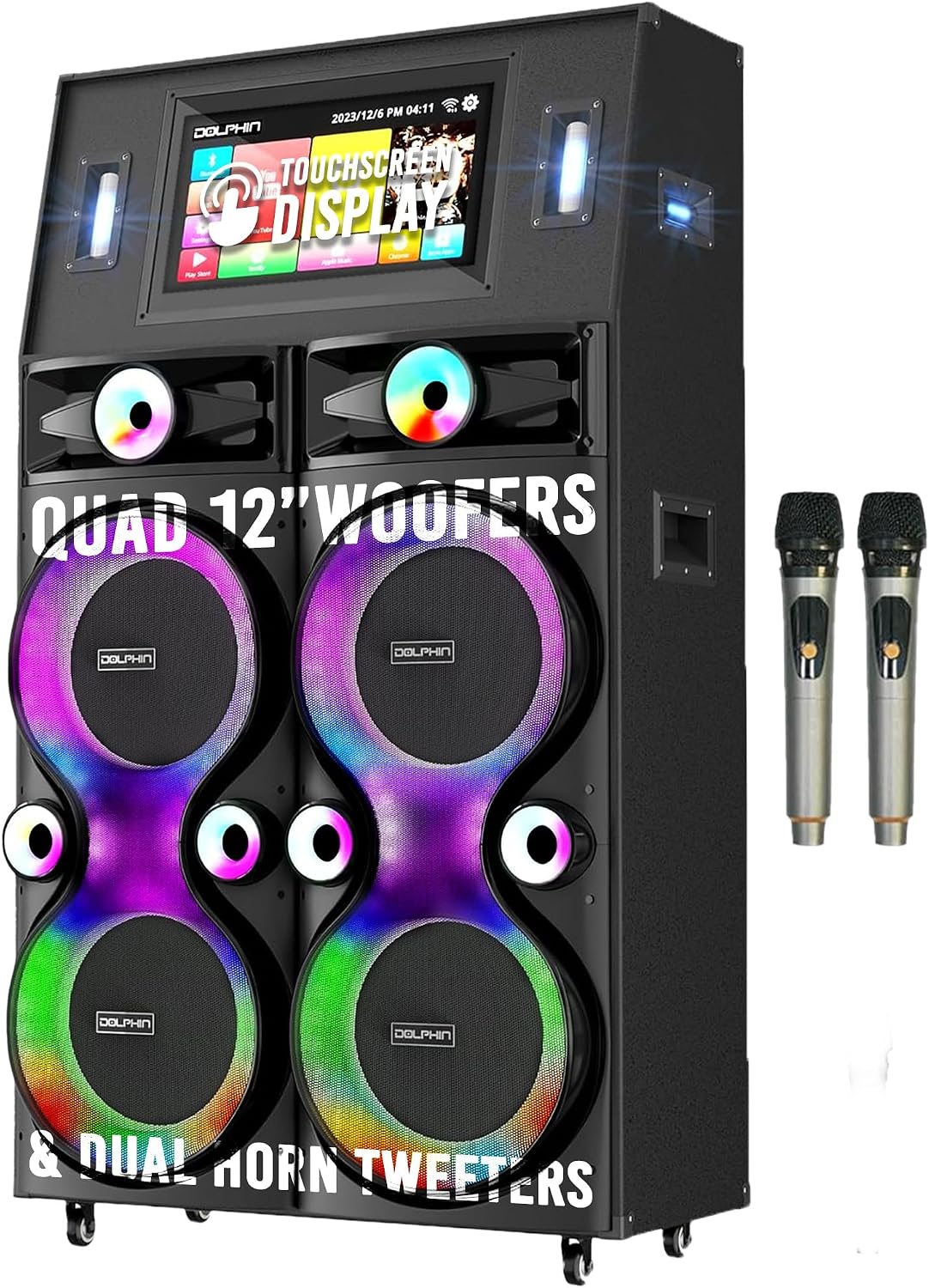 Dolphin Karaoke Machine with 2 Wireless Microphones, Quad 12" Woofers | 18.5" Touchscreen, 300W RMS, Android, Bluetooth, Wi-Fi, HDMI/USB/SD Card/AUX