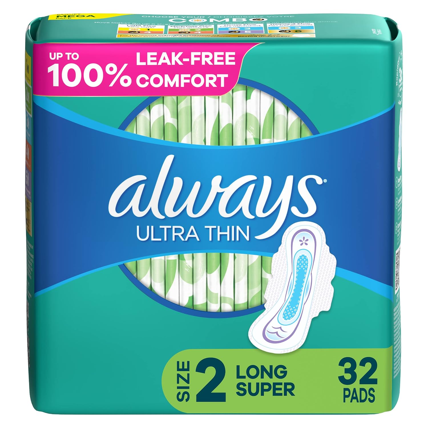 Always Ultra Thin Feminine Pads with Wings for Women, Size 2, Long Super Absorbency, Unscented, Up to 100% Leak-Free Protection, 58 Count