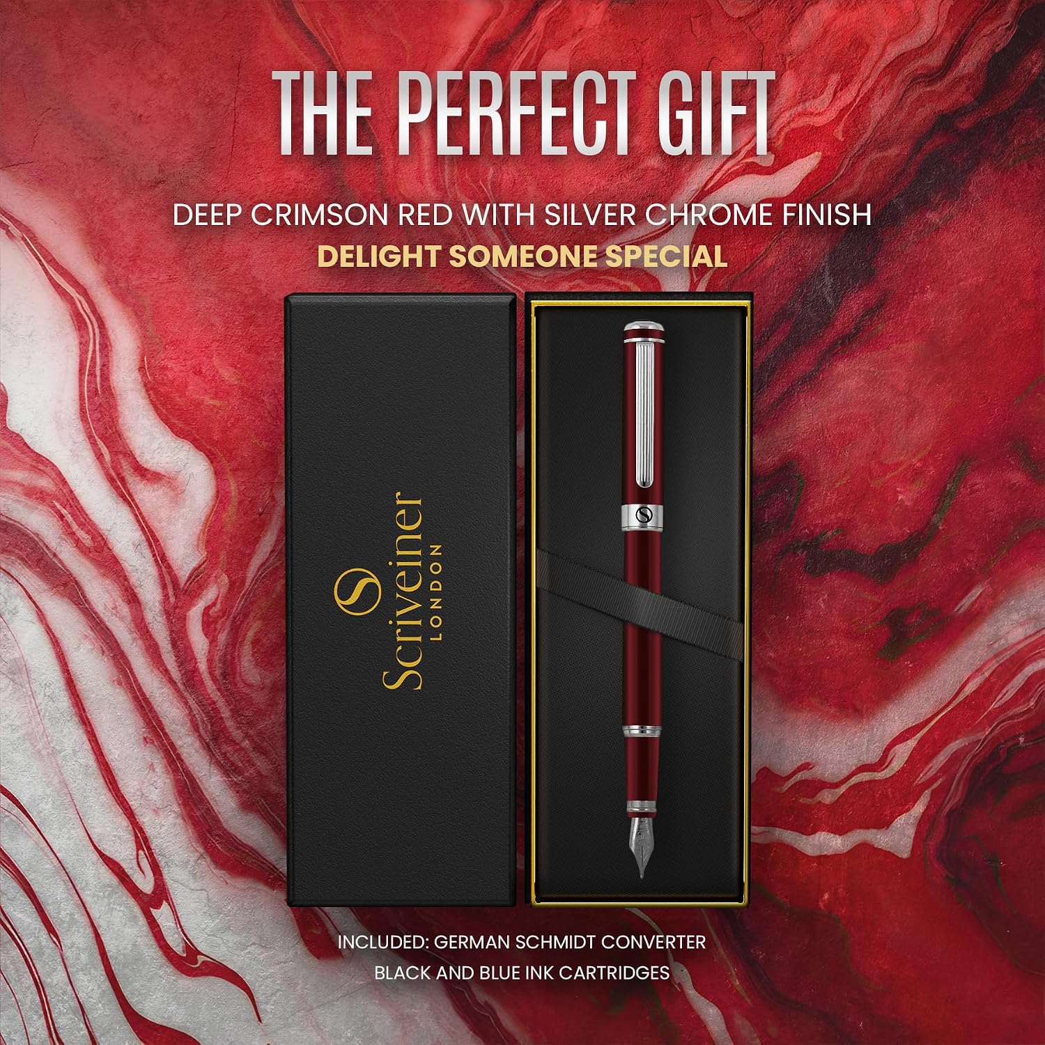 Scriveiner Silver Chrome Fountain Pen - Stunning Luxury Pen, Real Gold Finish Schmidt Gilded Nib (Medium), Best Pen Gift Set for Men & Women