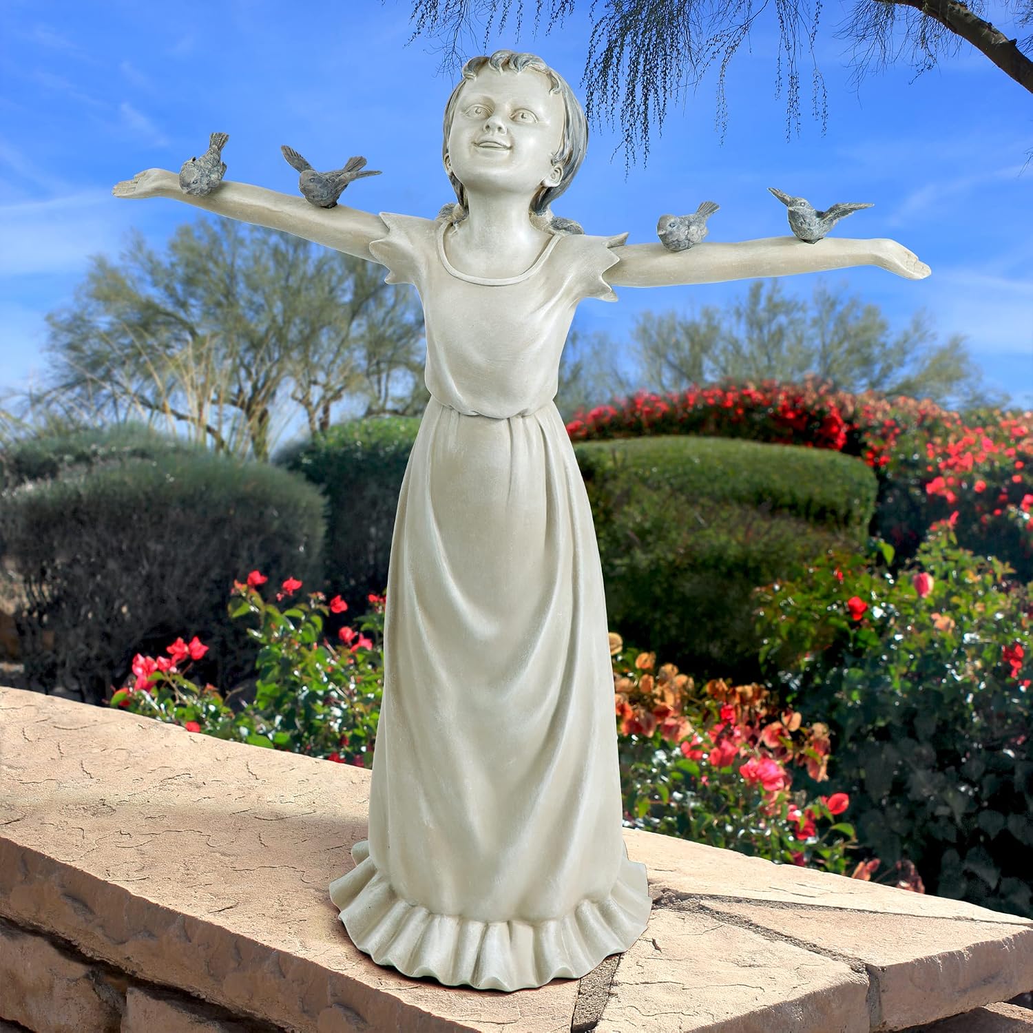 Design Toscano Basking in Glory Little Girl with Birds Outdoor Garden Statue, Medium, 16 inches tall, Cast Stone Resin, Two Tone Stone Finish