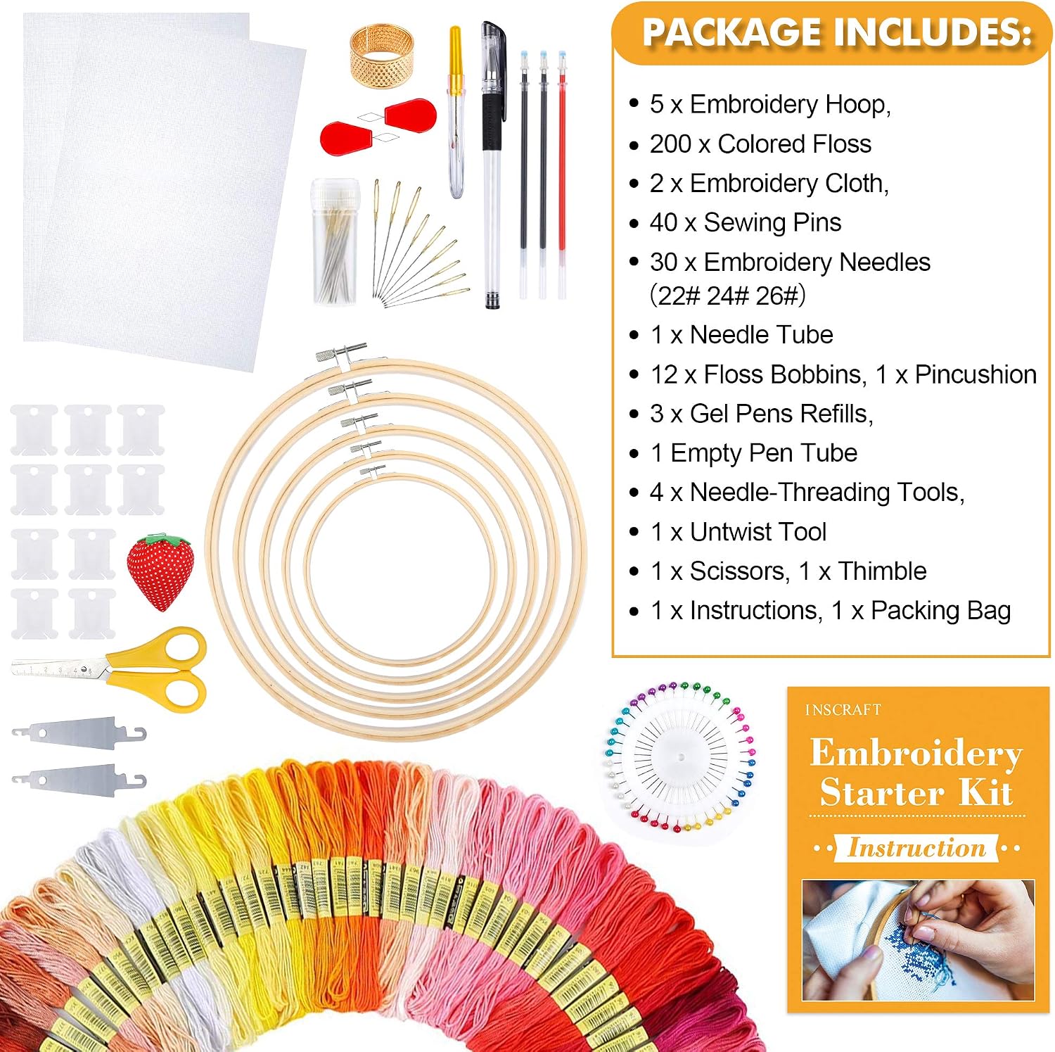 INSCRAFT 304 Pack Embroidery Kit, 200 Colors Threads, 5 Pcs Bamboo Embroidery Hoops, 2 Pcs Aida Cloth, Instructions, Bag and Cross Stitch Tools Set