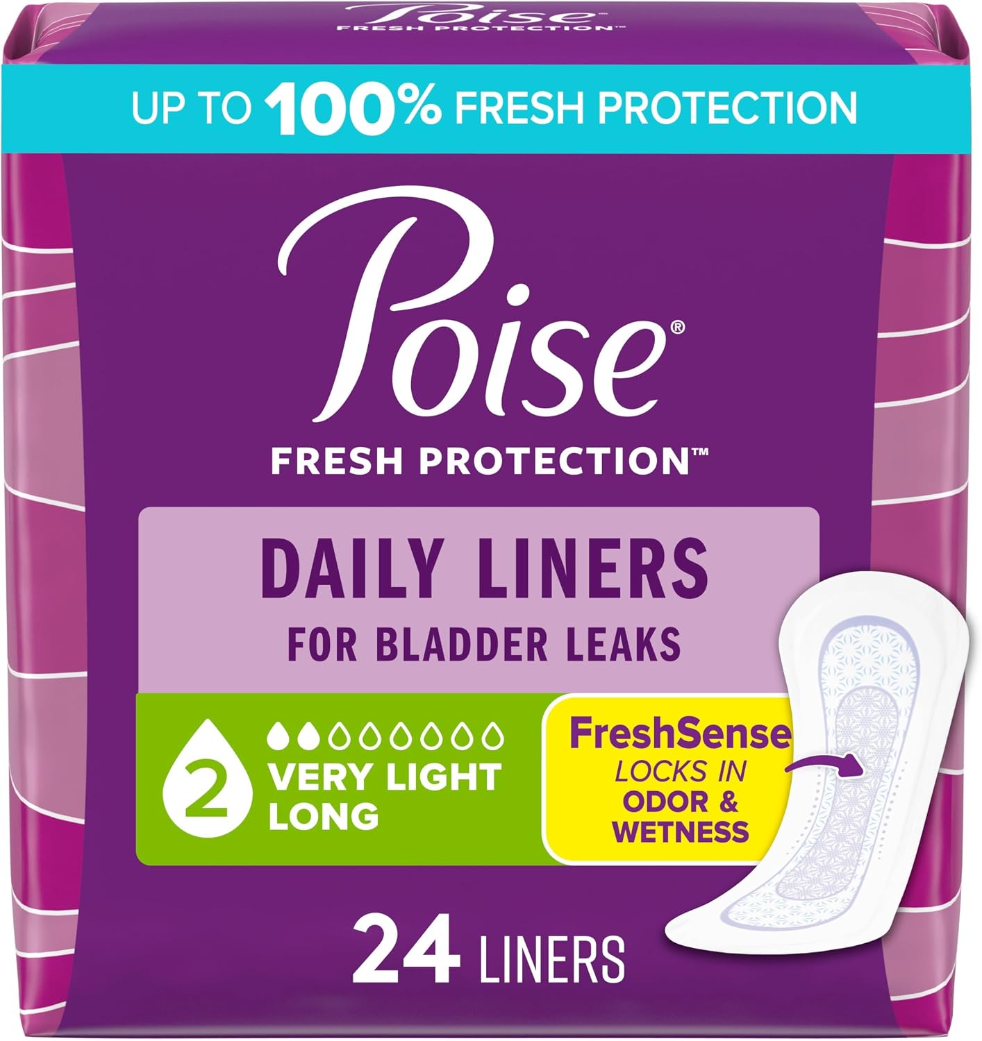 Poise Daily Liners, Incontinence Panty Liners for Bladder Leaks, 2 Drop Very Light Absorbency, Long Length, 264 Count of Pantiliners (6 Packs of 44), Packaging May Vary