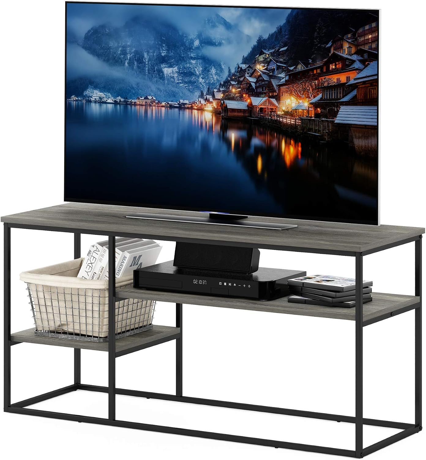 Furinno Moretti 3-Tier Metal Frame TV Stand, French Oak Grey