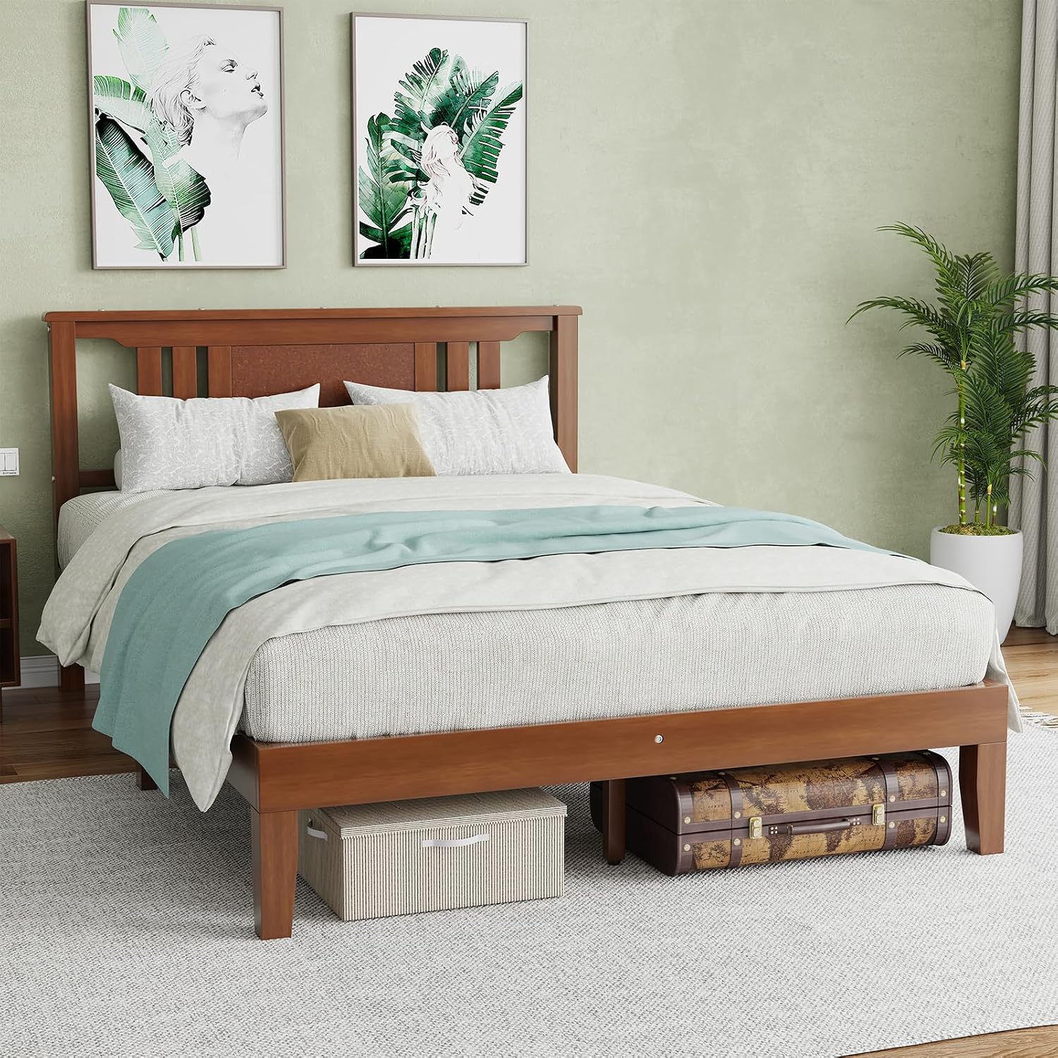 Solid Wood Bed Frame, Queen Size Platform Bed Frame with Headboard, Sturdy Wood Slat Support, Heavy Duty, No Box Spring Needed, Noise-Free, Easy Assembly
