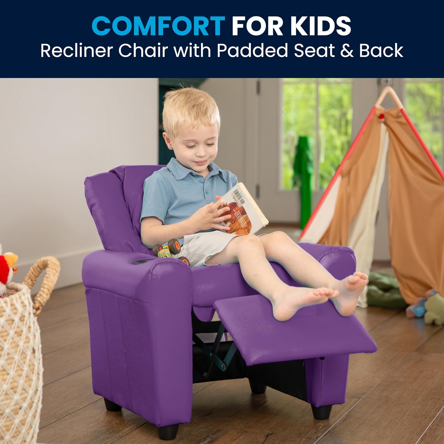 Flash Furniture Vana LeatherSoft Kids Recliner with Cup Holder, Headrest, and Safety Recline, Contemporary Reclining Chair for Kids, Supports up to 90 lbs., Brown | Manual Recline, Padded Seat and Back, Child-Friendly Design, Safety Recline Feature