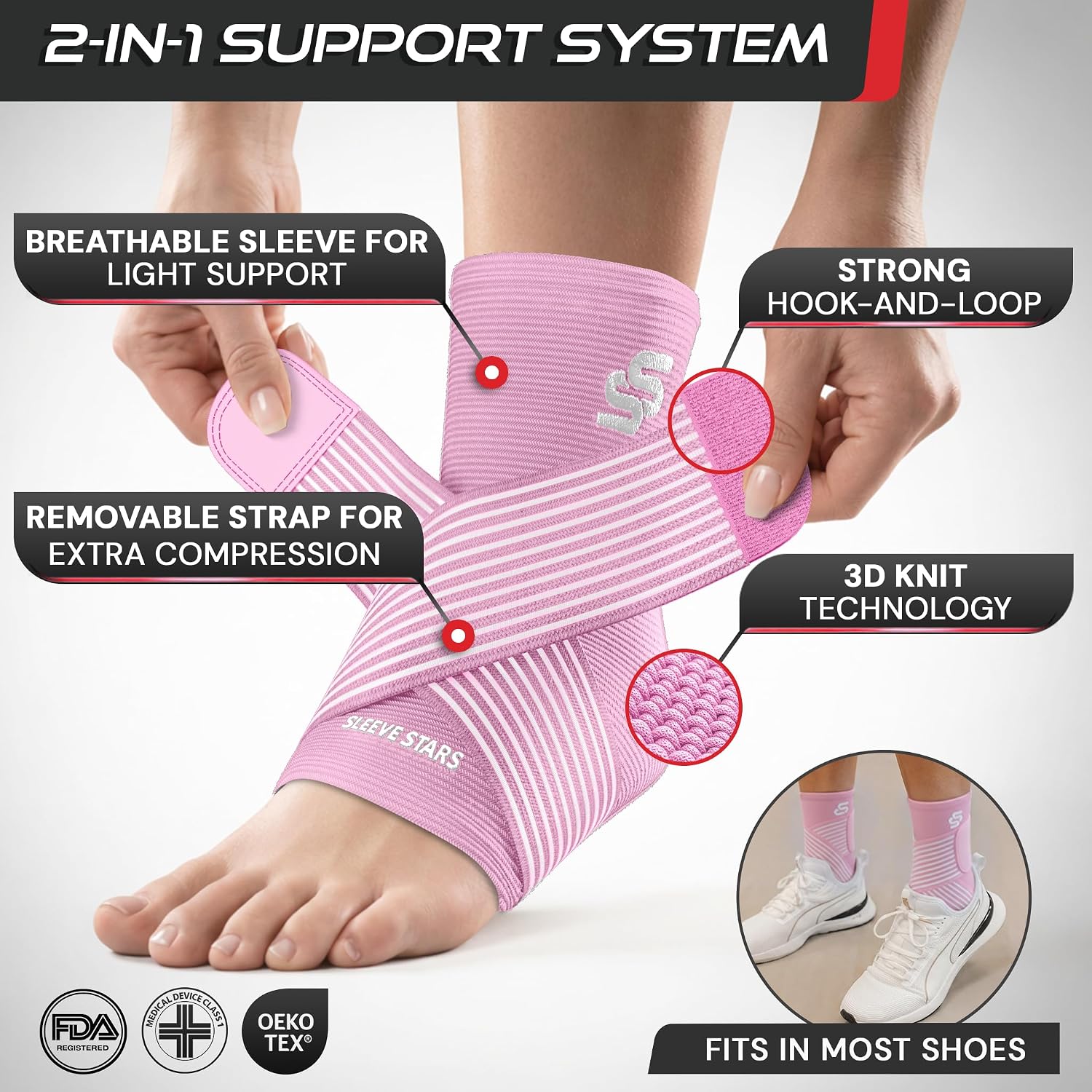 Sleeve Stars Ankle Brace for Women & Men, Ankle Wrap for Sprain, Compression Sleeve for Plantar Fasciitis Relief, Easy Customizable Support: w/ Removable Strap (Single/M:10"-12"/Black)