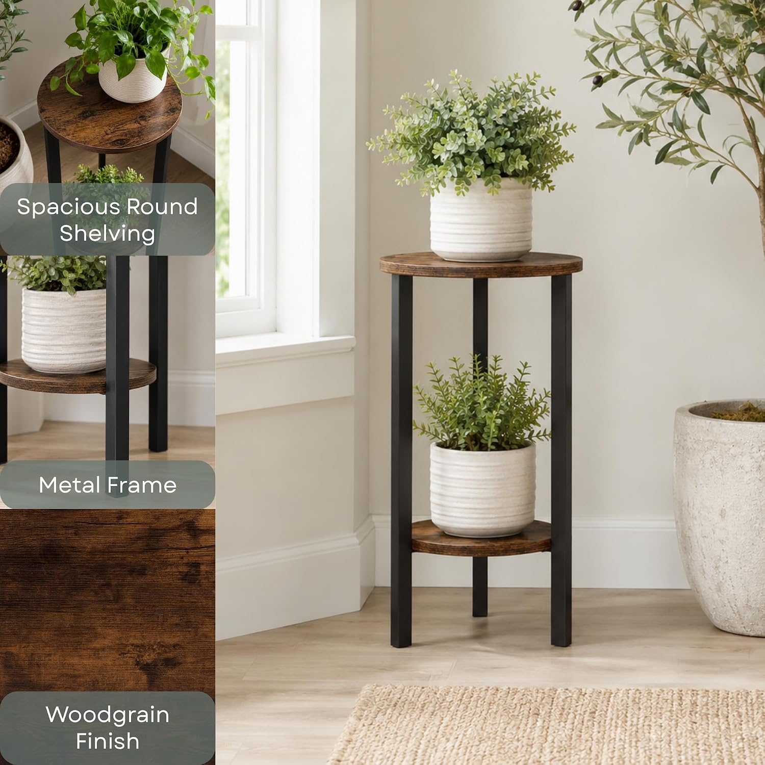 Convenience Concepts Graystone 24 inch 2 Tier Plant Stand - Industrial Stand for Plants, Vases, and Antiques, Urban Modern Design for The Living Room