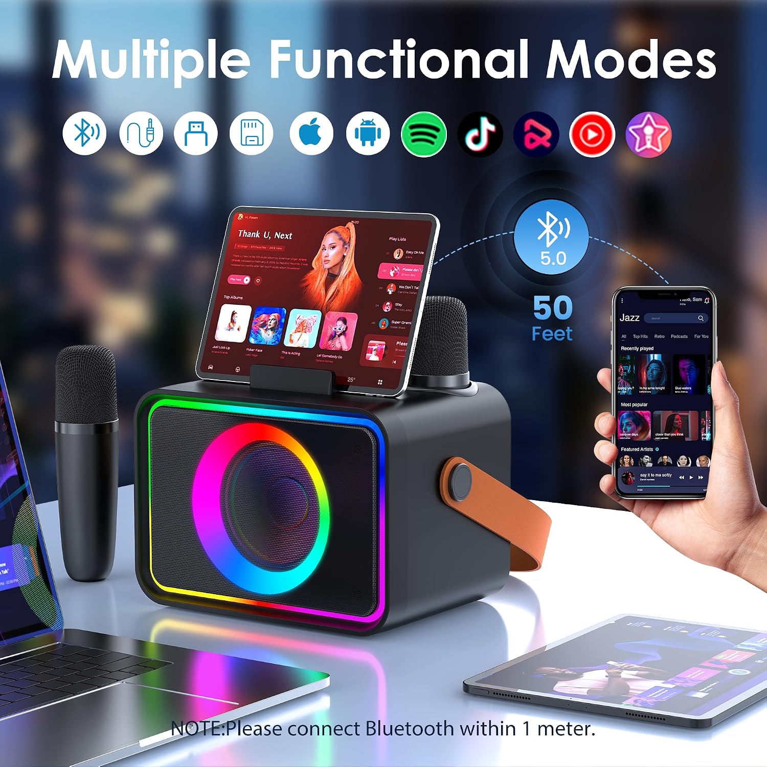 Karaoke Machine for Kids Adults,Portable Bluetooth Speaker with 2 Wireless Microphone with LED Lights, Karaoke Microphone with PA System Supports USB/TF/AUX,Gift for Party (Black)