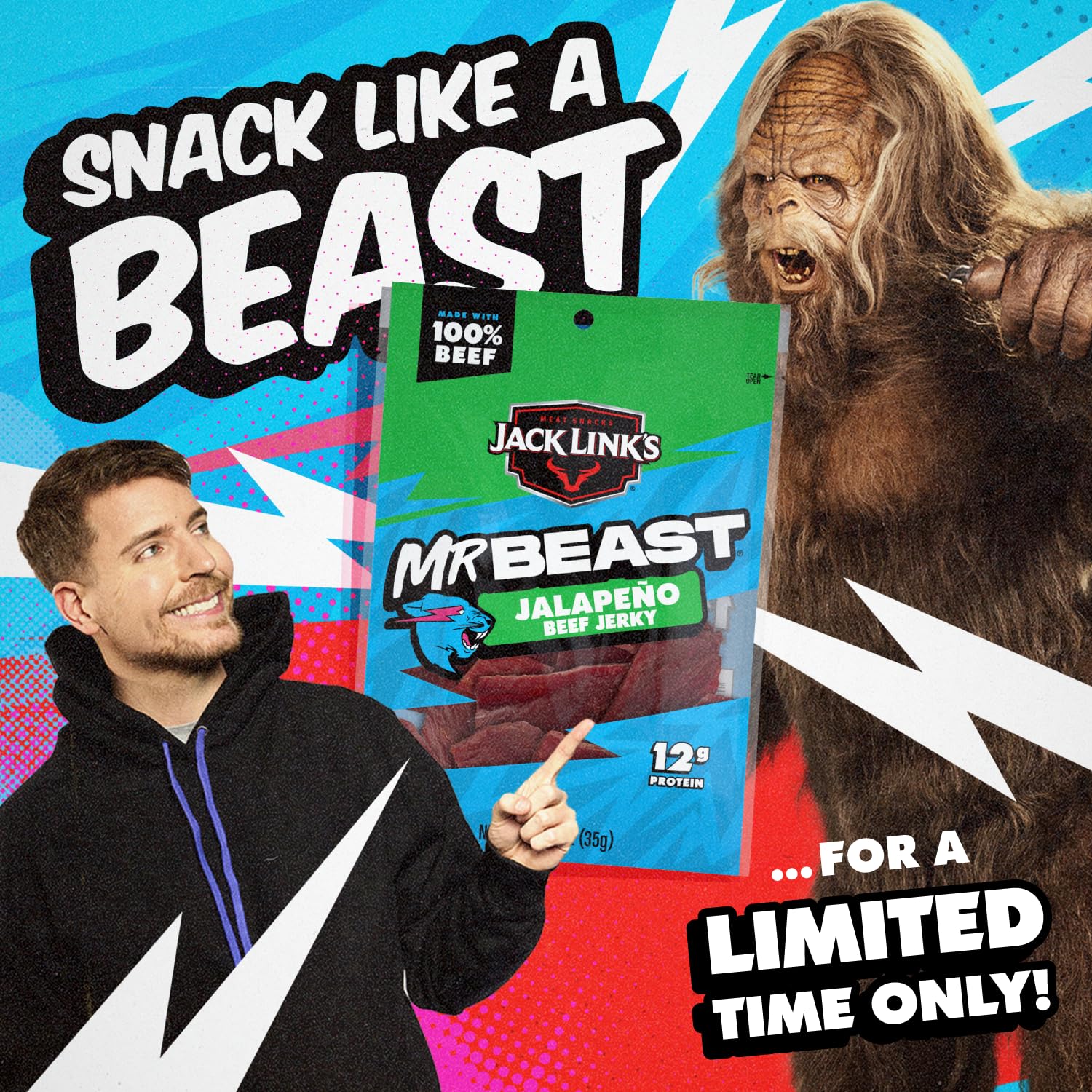 Jack Link's MrBeast Beef Jerky, Peppered Beef Jerky - 10 Count | As Seen on Beast Games, 11g Protein, Made with 100% Real Beef, Pantry-Ready Snacks