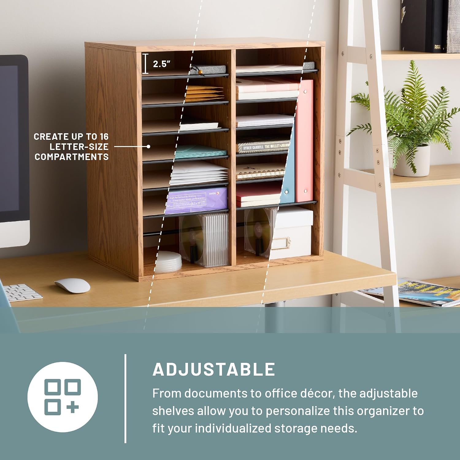 Safco Wood Adjustable Literature Organizer, 16 Compartment with Adjustable Shelves, CDs Storage, and Durable Laminate Finish, for Home Office
