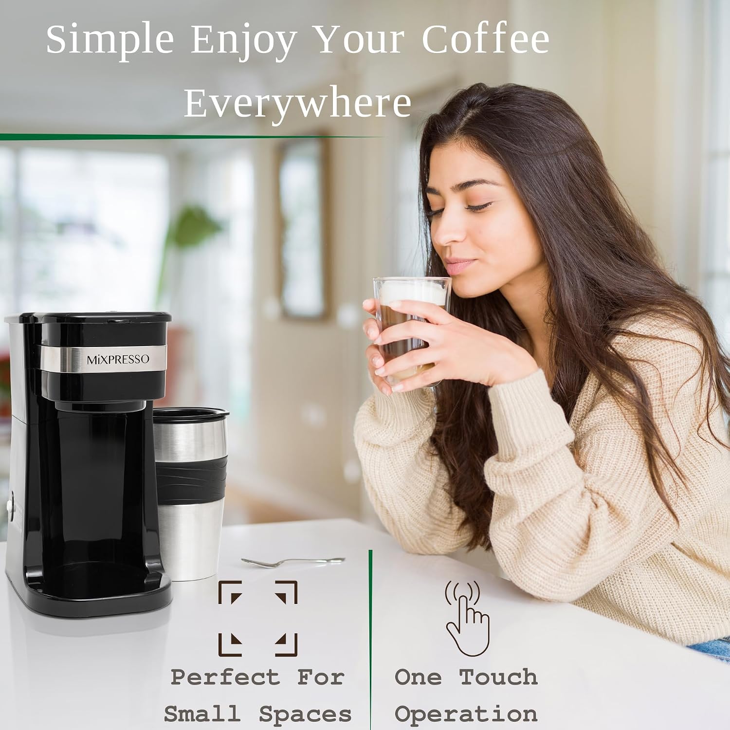Mixpresso Single Serve & Single Cup Coffee Maker with 14oz Travel Mug Black | For ground coffee only, reusable filter, auto shut off. Compact personal drip coffee maker, not compatible with K-Cup pods.
