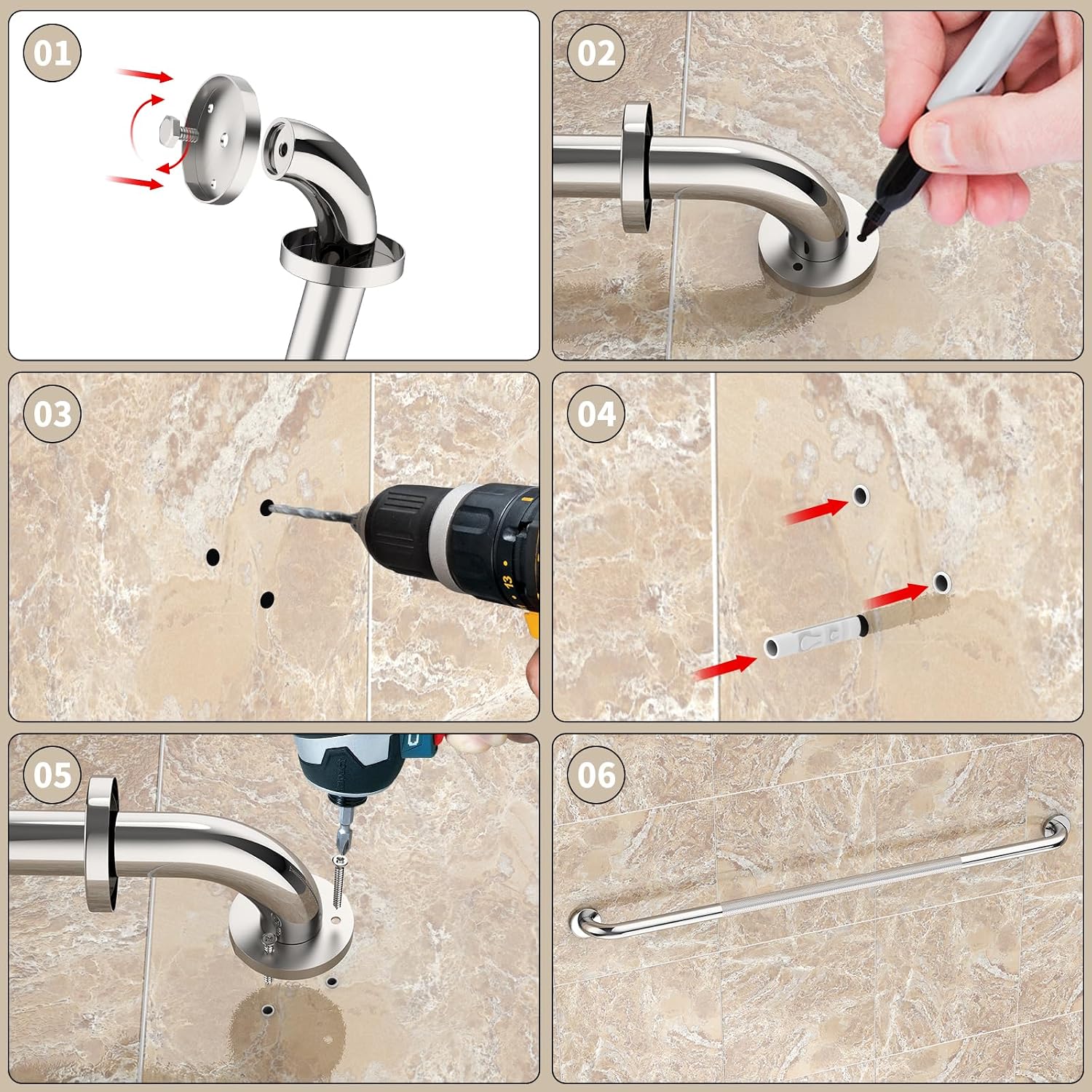 40 Inch Brushed Nickel Shower Grab Bar Anti-Slip Knurled Grip,Safety Handle | YuanDe 1.25" Diameter Stainless Steel Bathroom Grab Bars, Handicap Injury Elderly Senior Assist Support Shower Handle-2Packs