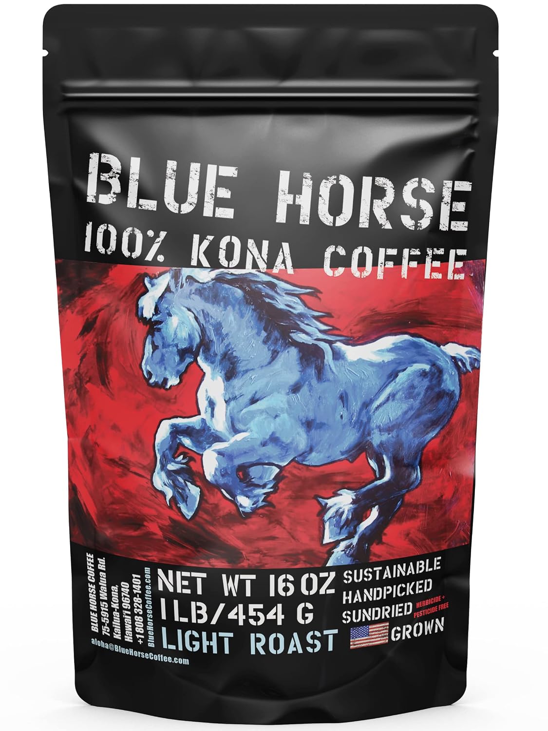 Blue Horse 100% Kona Coffee Whole Bean - 16 oz Medium Roast, Farm Fresh | Certified Organic, Arabica Whole Beans,, Grown In Hawaii USA, Shade Grown, Handpicked, Vacuum Sealed Bag, Caffeinated, Vegan