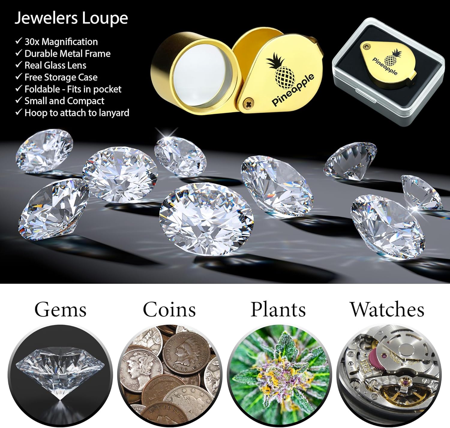 Pineapple 30X Jewelers Loupe Magnifier Foldable Pocket Magnifying Glass Small Jewelry Eye Loop for Jewelers, Gems, Diamonds, Plants, Coins (Gold)