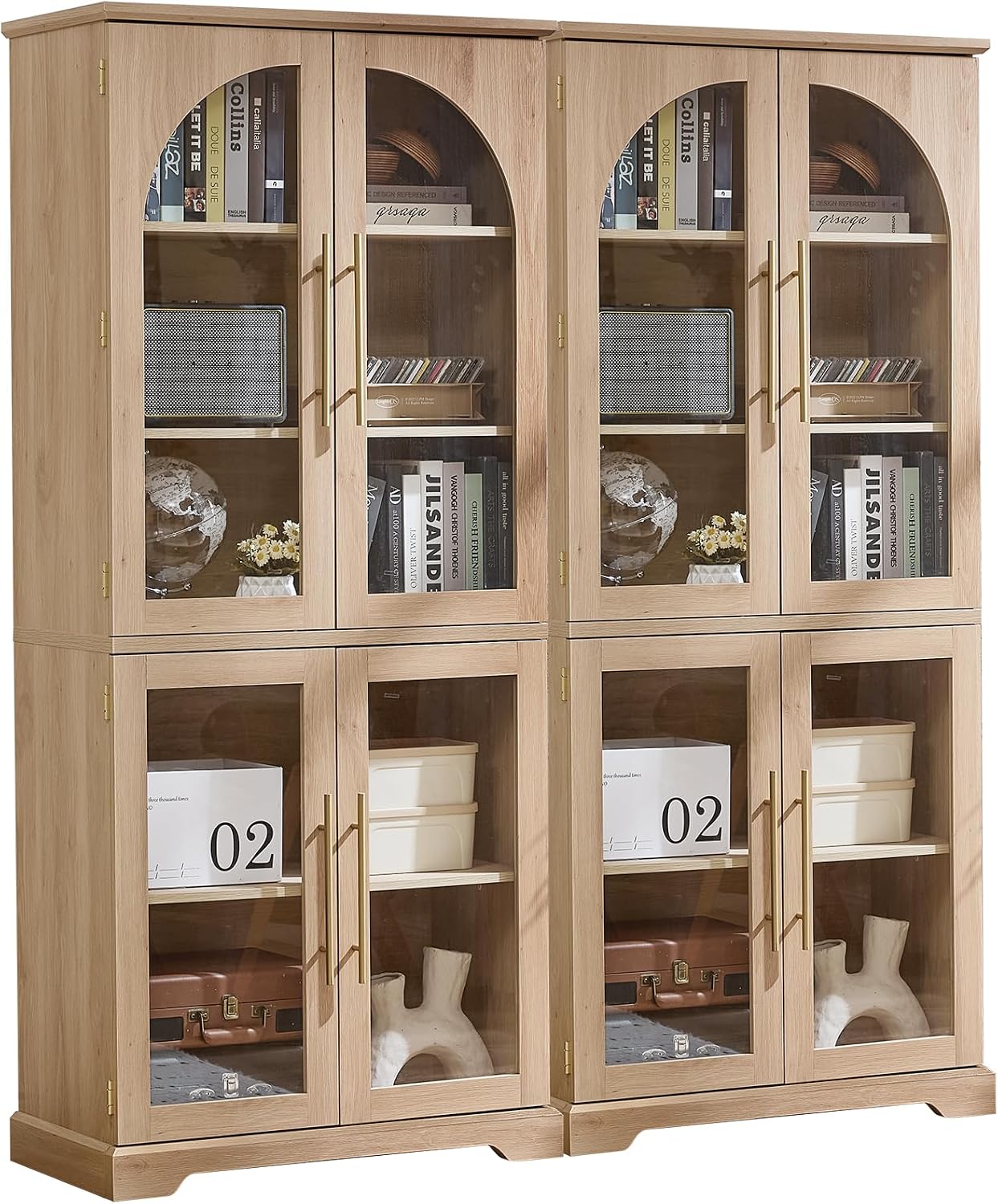 Joaxswe 72" Tall Bookshelf with 4 Curved Glass Doors, Farmhouse Bookcase with 3-Tier Adjustable Shelves, Modern Living Room Display Cabinet, Large Storage Cabinet for Home Office,Dining Room, Natural
