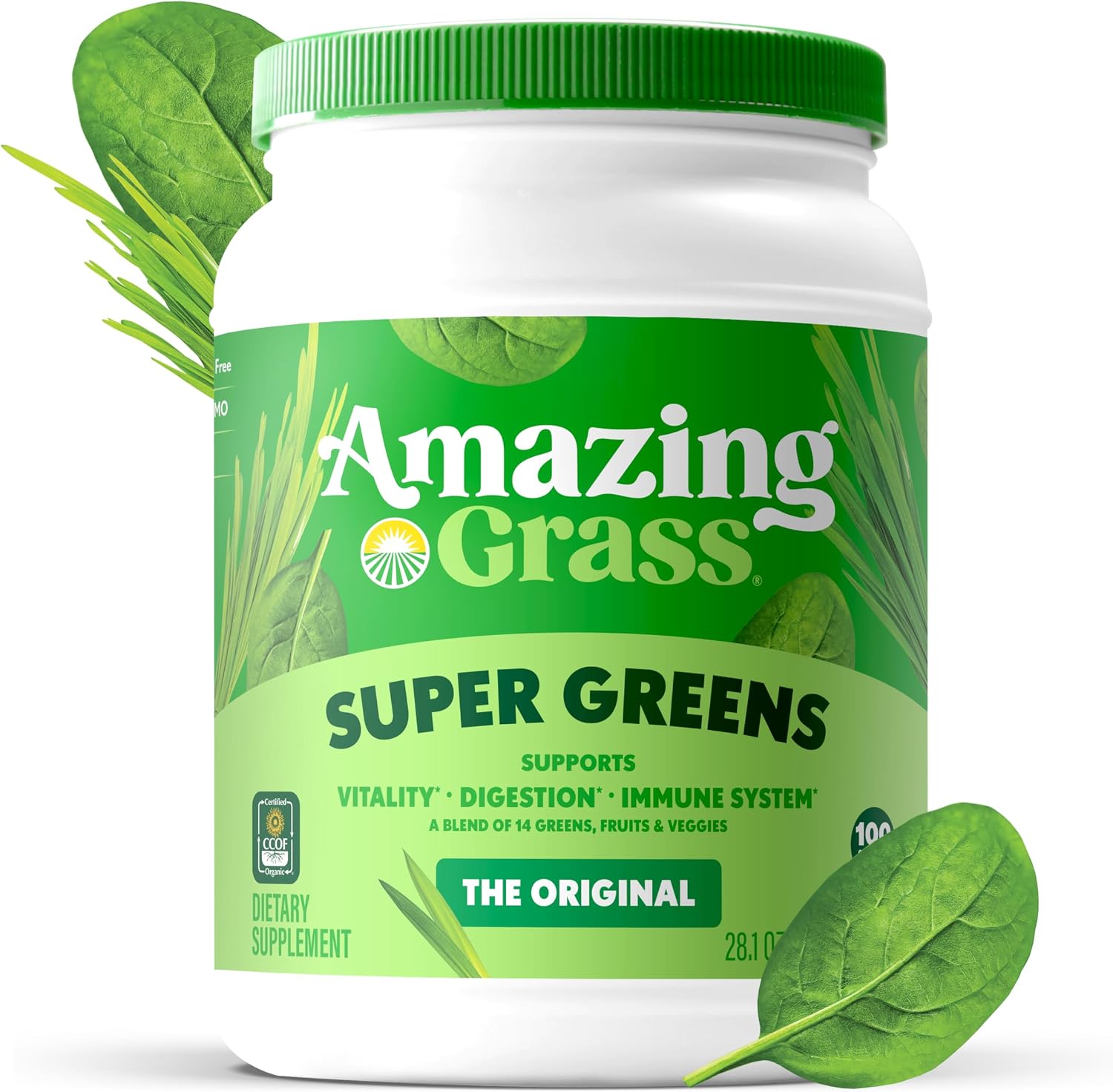 Amazing Grass Super Greens Powder Original, 60 Servings, 16.9 oz | Organic Greens Superfood Powder with Spirulina, Beet Root, Probiotics & Digestive Enzymes to Support Digestion