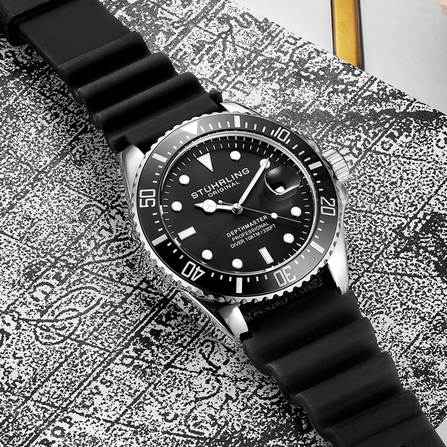 Stuhrling Original Men’s Dive Watch 42mm Stainless Steel, Japanese Quartz Mens Sport Watch, Rubber Strap, Water Resistant to 330 FT, Versatile and Comfort Fit