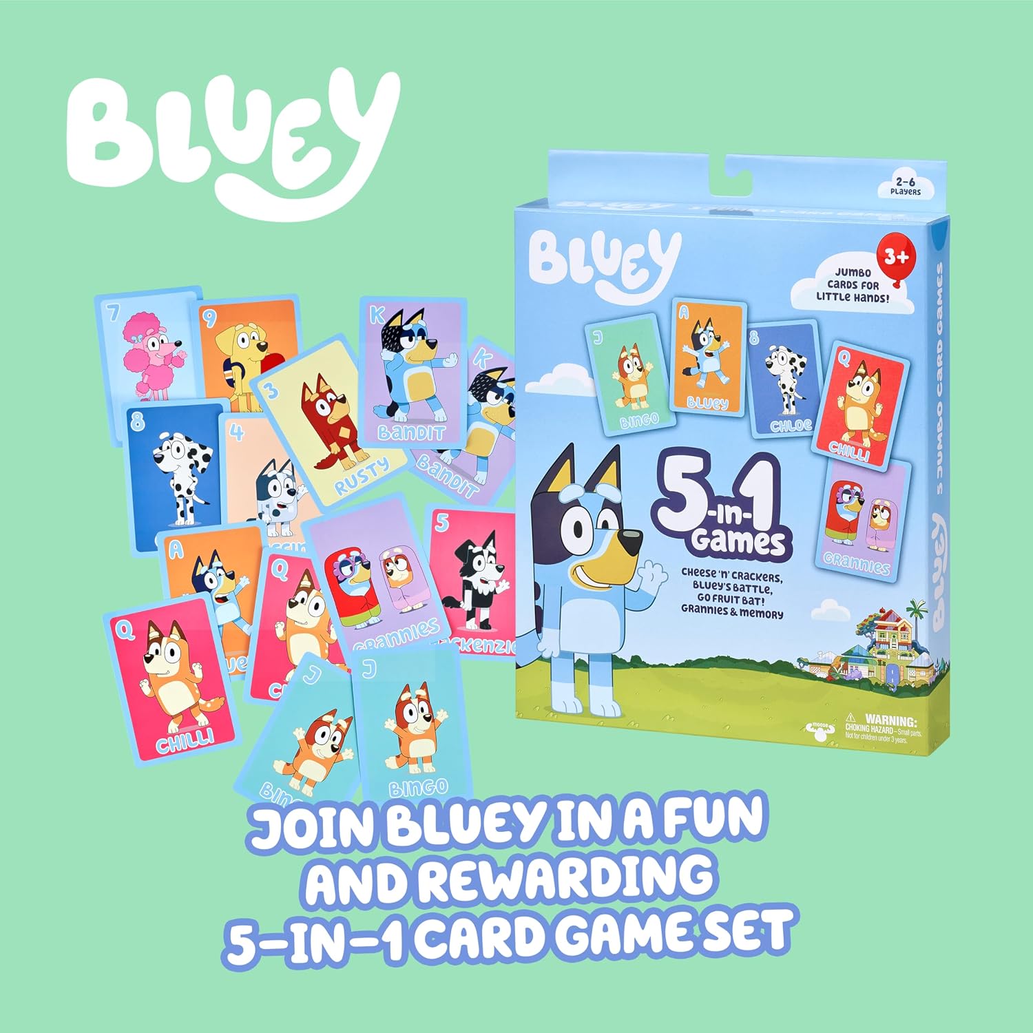 Moose 5-in-1 Bluey Card Game Set, Jumbo-Sized 53-Deck Toddler Game, Multi-Color Interactive Play Card Games for Kids of Ages 3+