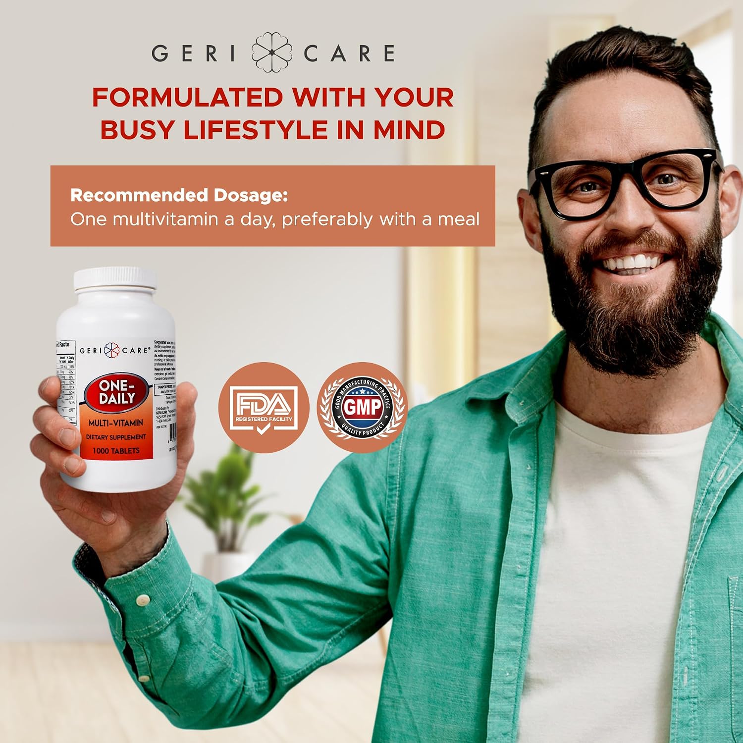 GeriCare One-Daily Multi-Vitamin Tablet, 100 Count Adult Multivitamin Supplement | Easy-to-Take Dietary Supplement with Vitamins A, C, D3, B, Calcium| Vitamin & Mineral Complex (2 Pack)