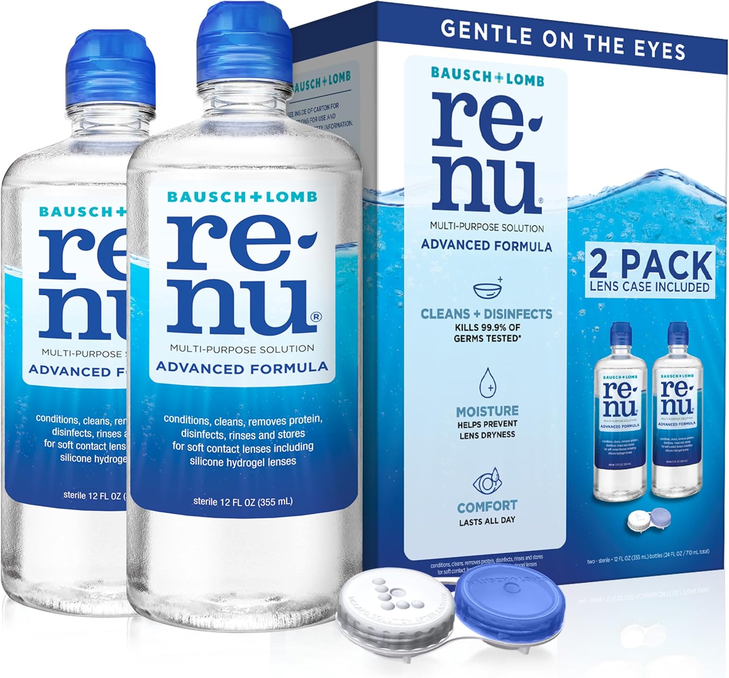 Renu Contact Lens Solution, Advanced Formula, Multi-Purpose Solution with Lens Case, Gently Cleans, Disinfects, Moisturizes & Hydrates Soft Lenses for All-Day Comfort, 12 Fl Oz (Pack of 2)