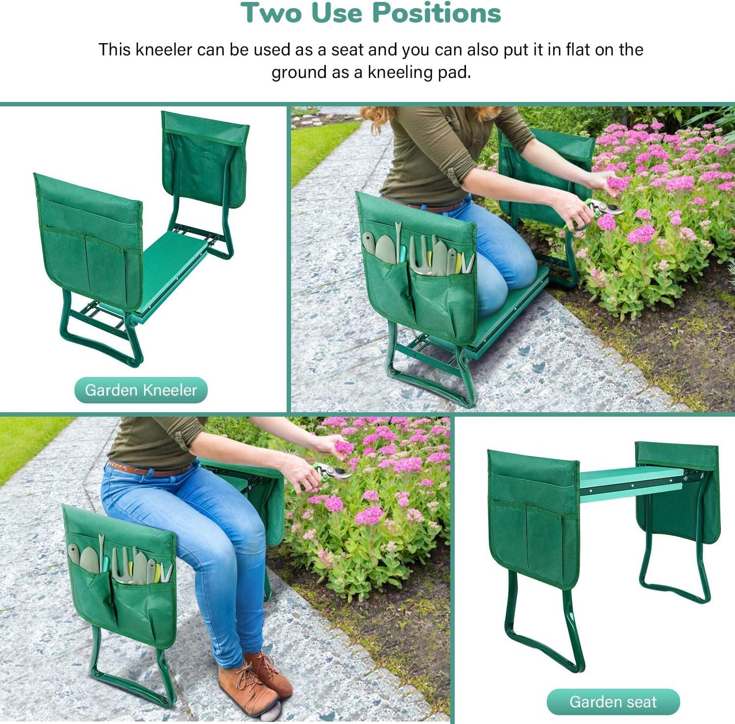 iPower Garden Kneeler and Seat Foldable Kneeling Bench with Sturdy Soft EVA Foam Pad for Outdoor, Fishing, Camping, 2 Tool Pouches Included, Green