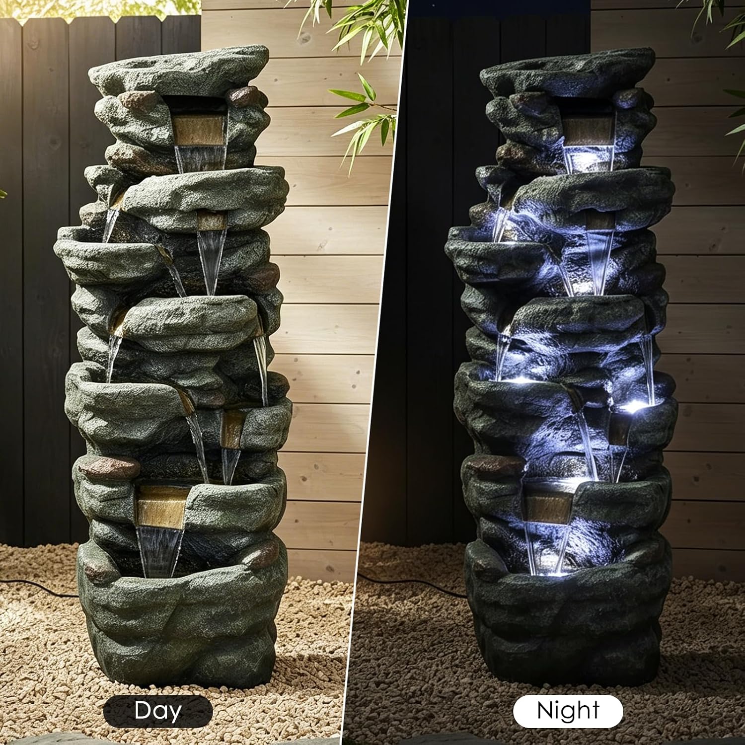 SunJet 40.5” High Rocks Outdoor Water Fountain - 6-Tiers Cascading Waterfall with LED Lights, Soothing Tranquility for Home Garden, Yard Decor