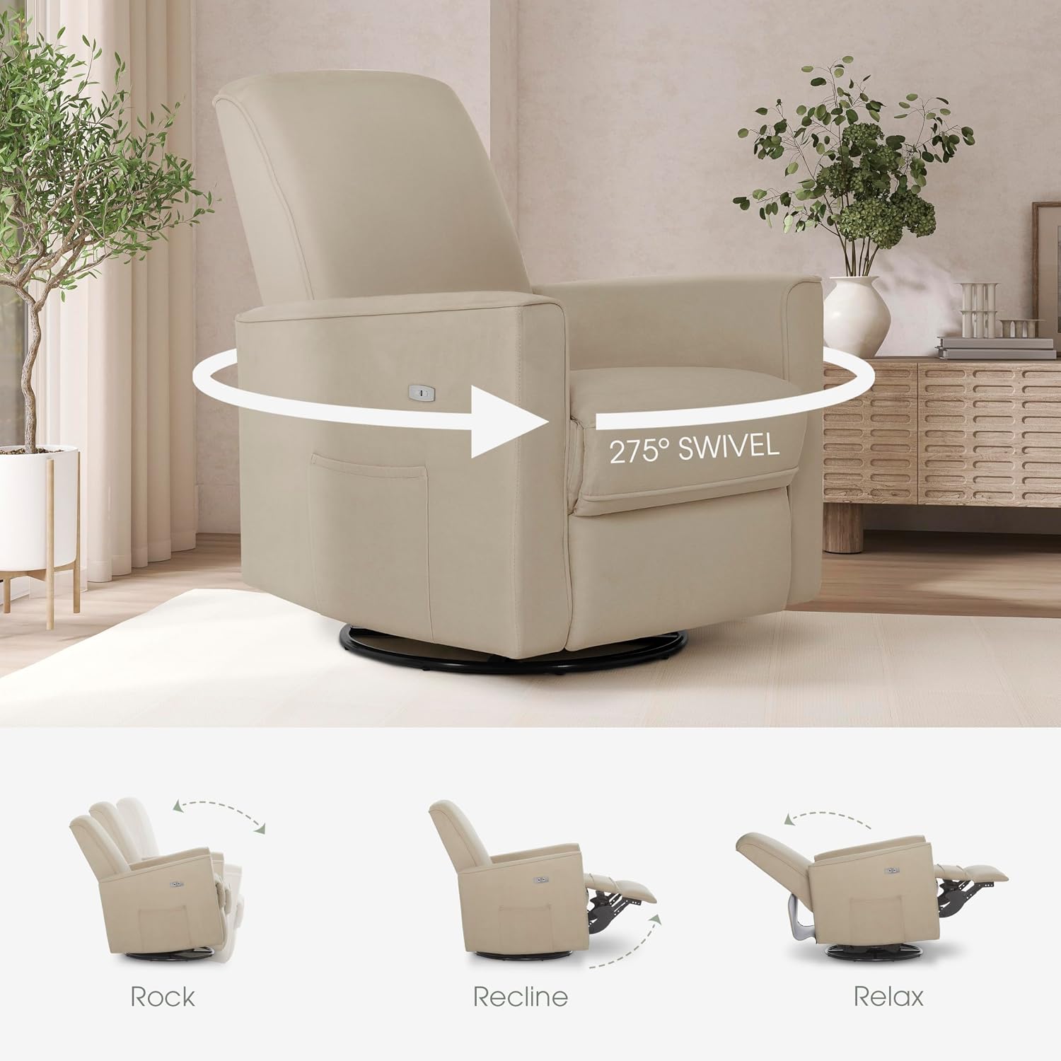 évolur Harlow Upholstered Power Glider Recliner with USB Charging – Rocking & 275° Swivel with Smooth Glide – Greenguard Gold & FSC