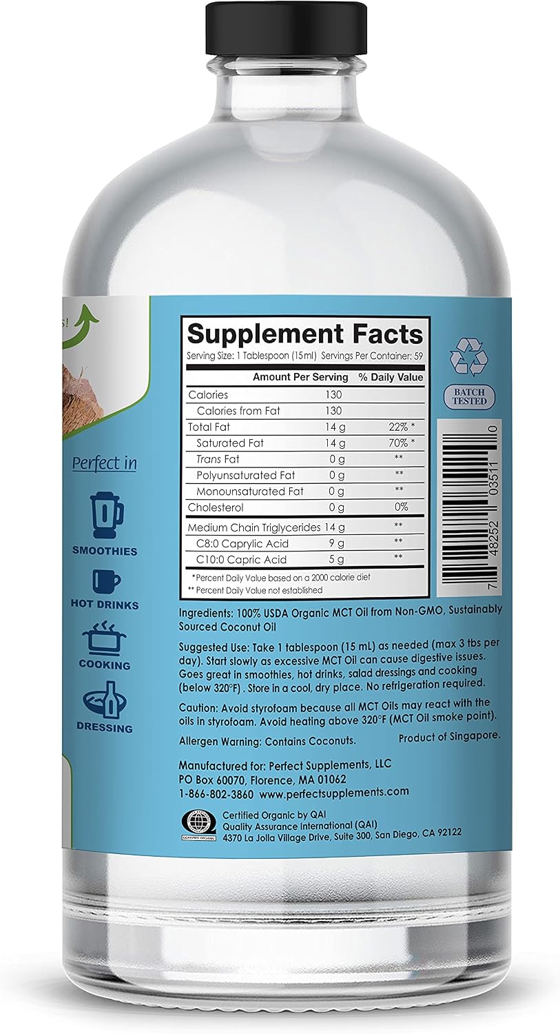 Perfect Supplements – Perfect MCT Oil – 30oz – Organic Coconut MCTs Unflavored Oil – Boosts Sustainable Energy for Body & Brain