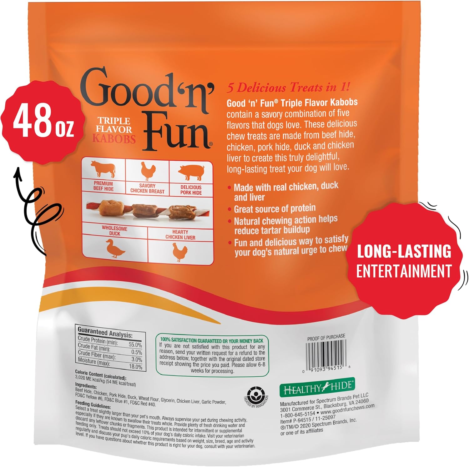 Good 'n' Fun Kabobs Long-Lasting Dog Treat Made With Real Protein, 18 Count | Premium Chicken, Pork and Beef Hide Chew, Supports Dental Health and Mental Stimulation, For Adult Dogs