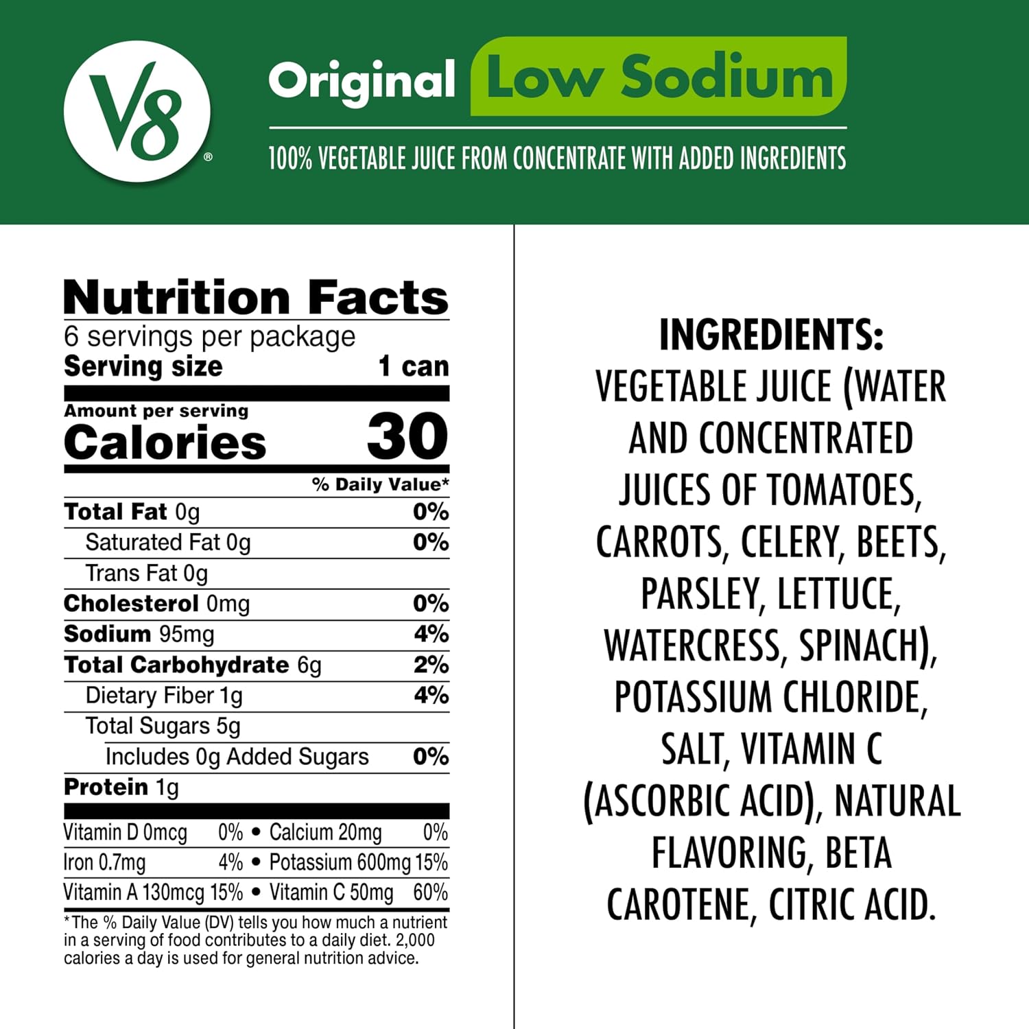 V8 Low Sodium Original 100% Vegetable Juice, 11.5 fl oz Can (24 Pack)