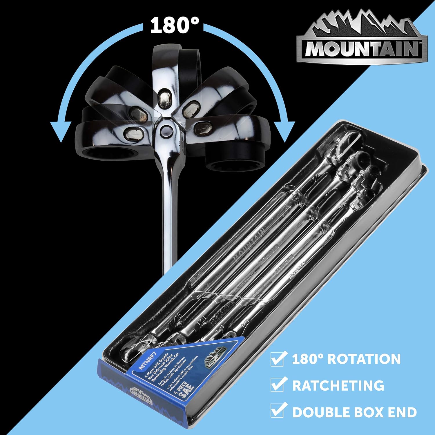 Mountain RF7 SAE Reversible Double Raised Box Ratcheting Wrench Set, Universal Spline, 90 Tooth Design, 180 Degree Rotating Head, Sizes 5/16", 3/8"