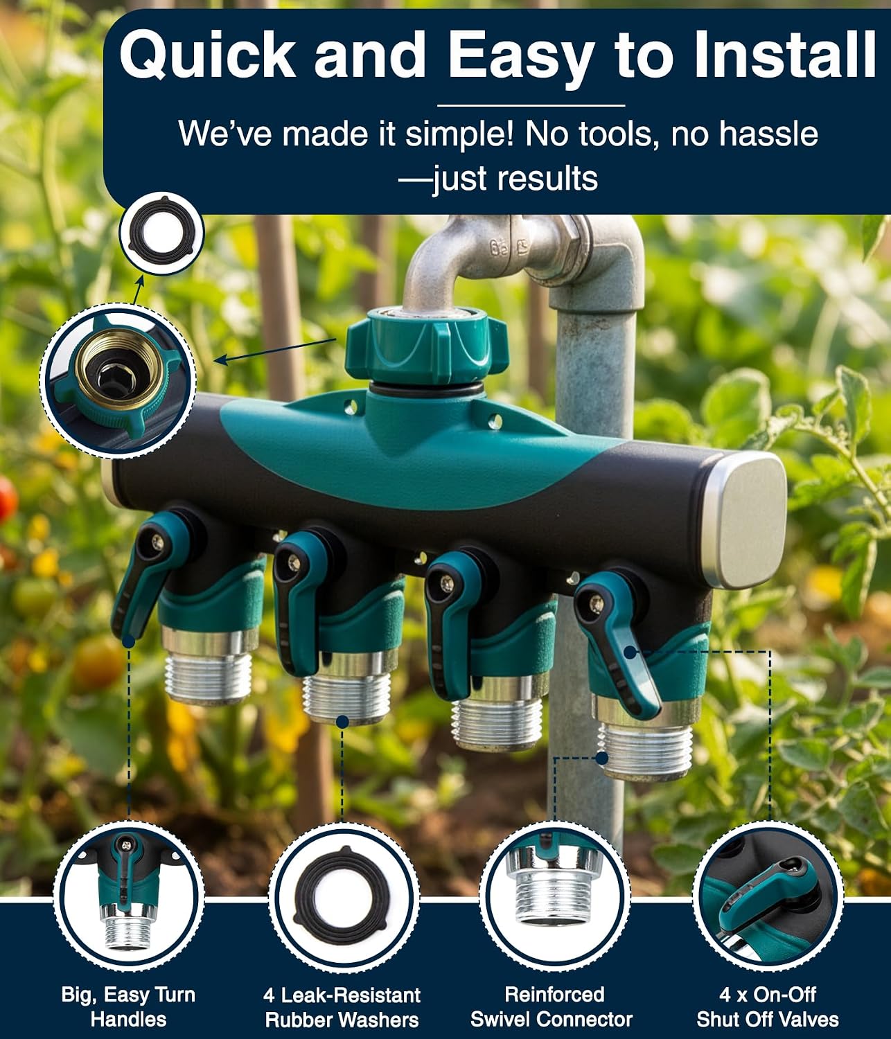 DBR Tech® 4 Way Hose Splitter (Superior Durability), Premium Garden Hoses Connector, 4 Way Heavy Duty Water Valve for Spigot Faucet Bib