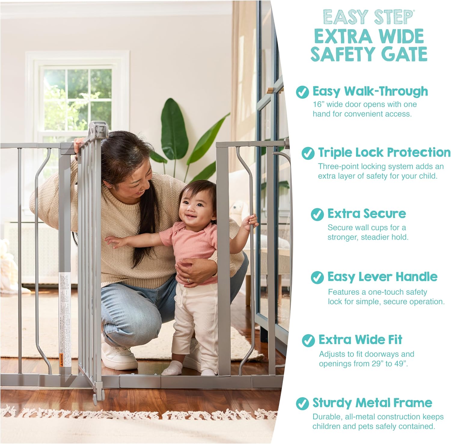 Regalo Safety 29"-49" Extra Wide Baby Gate, Bottom of Stairs & Doorways | Pressure Mounted with Door, For Babies, Toddlers & Pets, White, Tested & Trusted for 30 Years