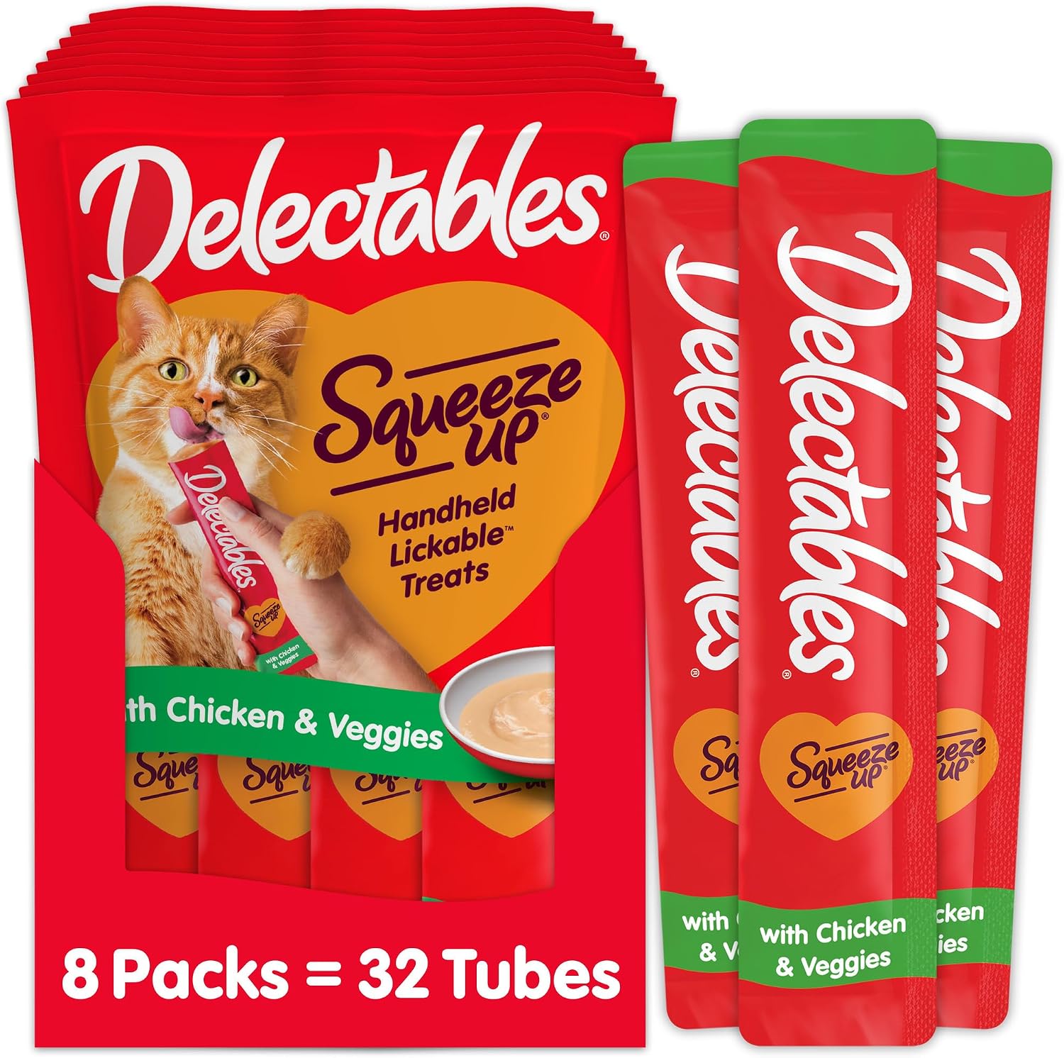Delectables Squeeze Up Creamy Squeezable Puree, Lickable Wet Cat Treats, Grain Free, No Added Fillers, No By-Products, No Added Preservatives, 0.5 Ounces Tube Chicken Flavor, 32 Tubes Total